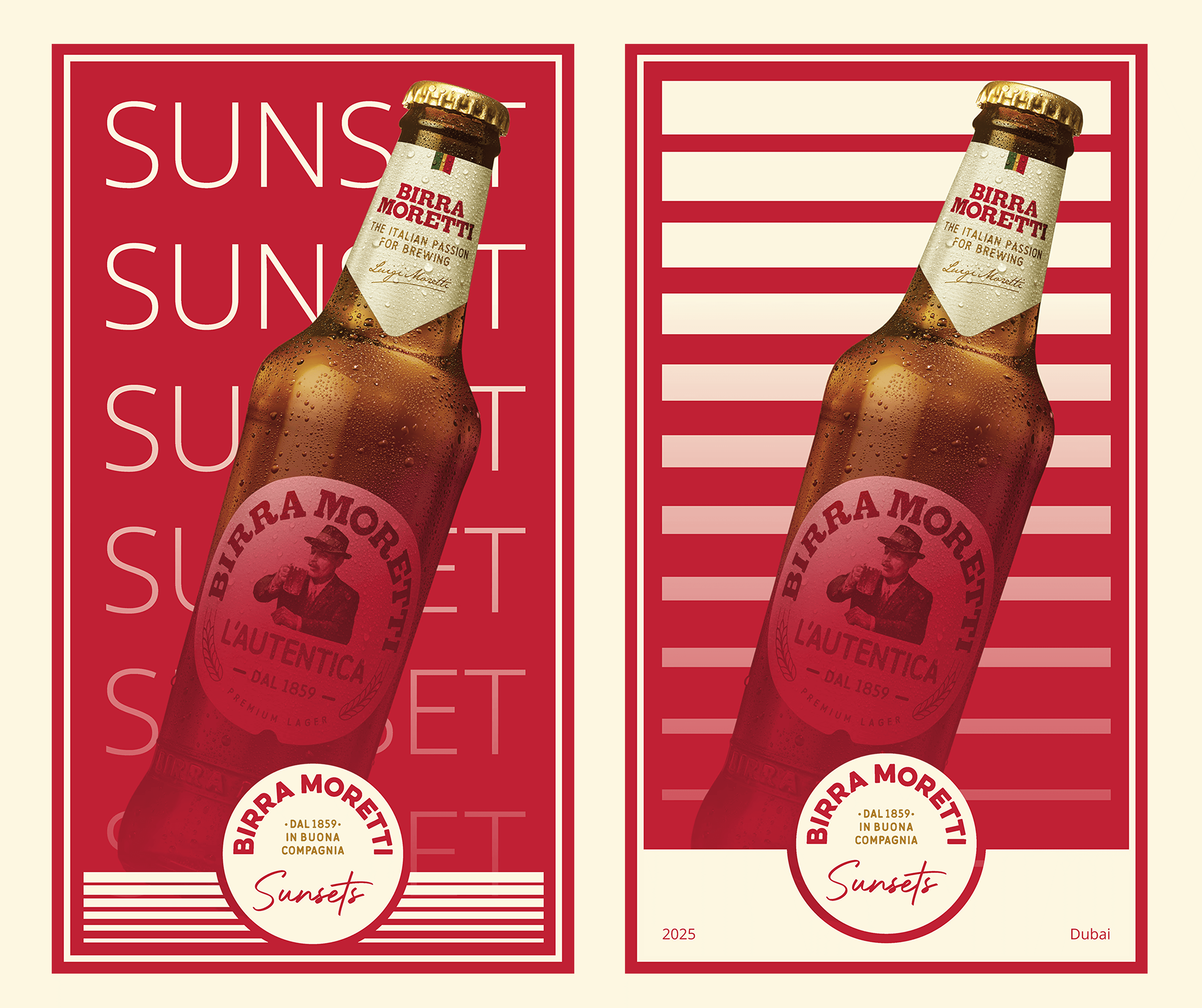 Birra Moretti product presentation on branded background with custom patterns and gradient designed by our team