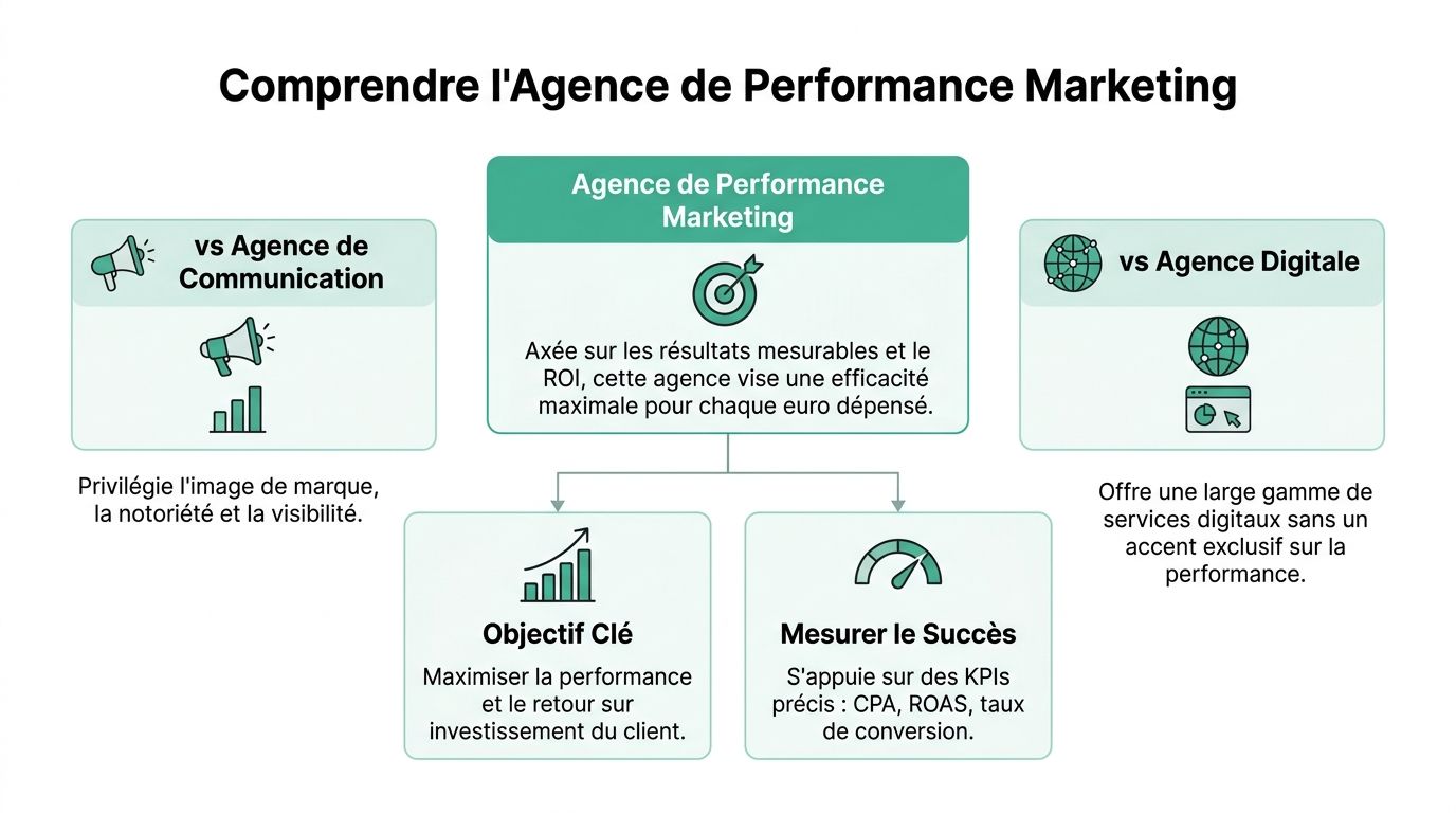 Schéma explicatif comparant une agence de marketing à la performance avec les agences de communication et digitales.