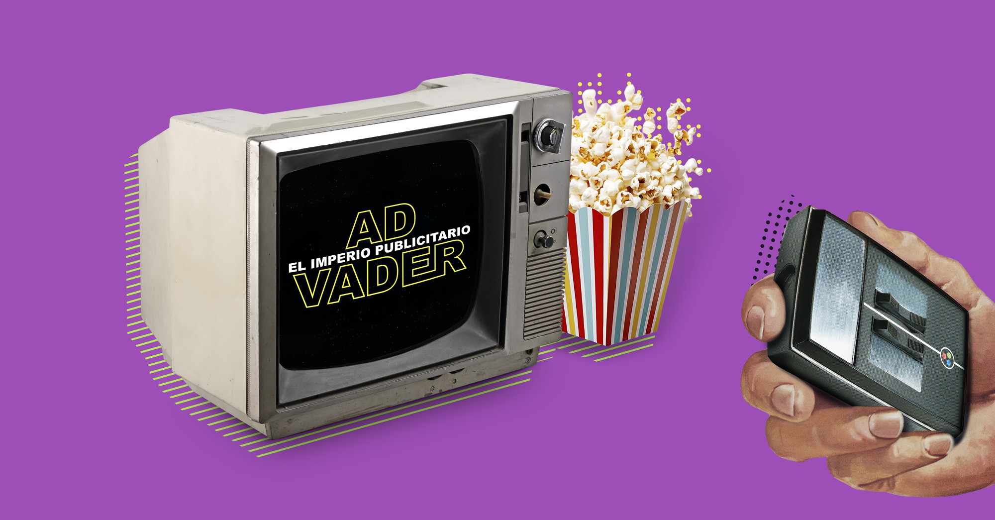 Televisor retro con mensaje "Ad Vader: El Imperio Publicitario" al lado de palomitas de maíz sobre fondo morado.