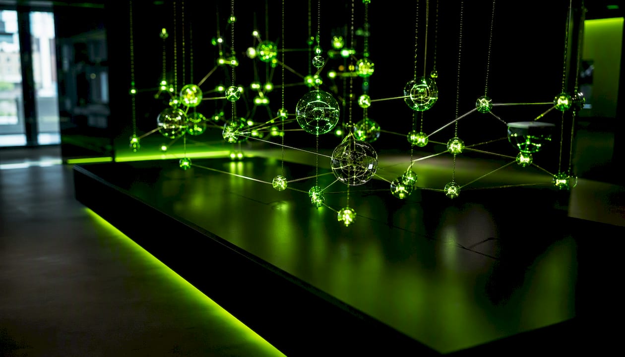 Glowing blockchain network model in neon lighting