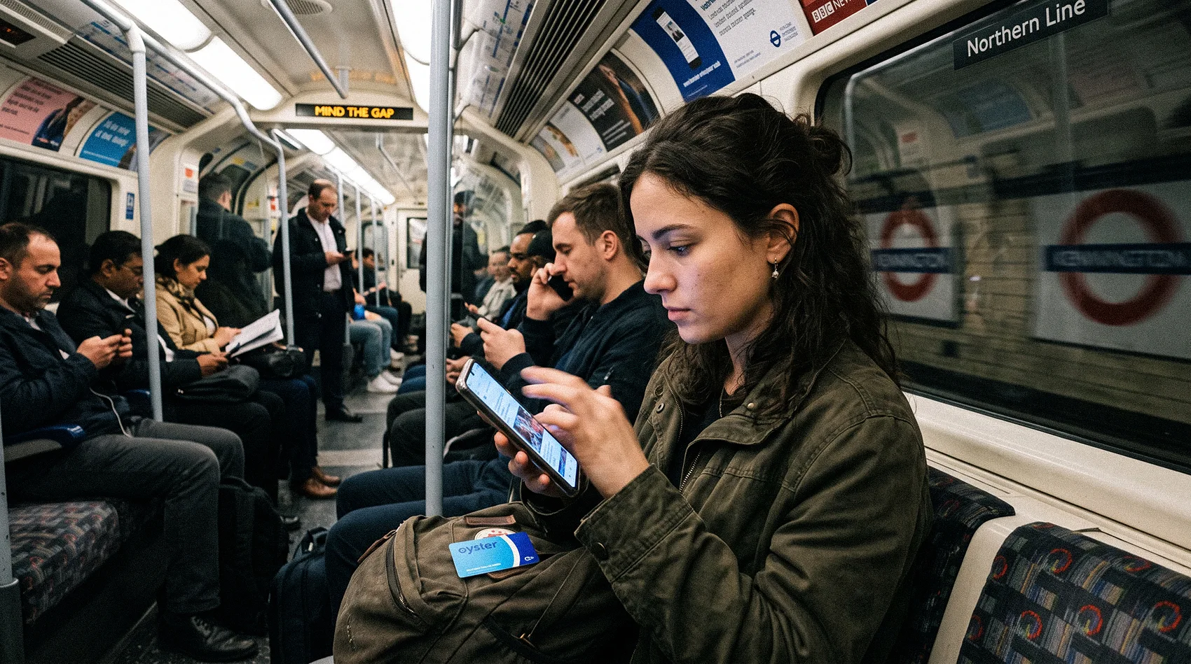 Woman scrolling social media on Northern Line Tube with commuters on phones, 70% Facebook news consumers follow links