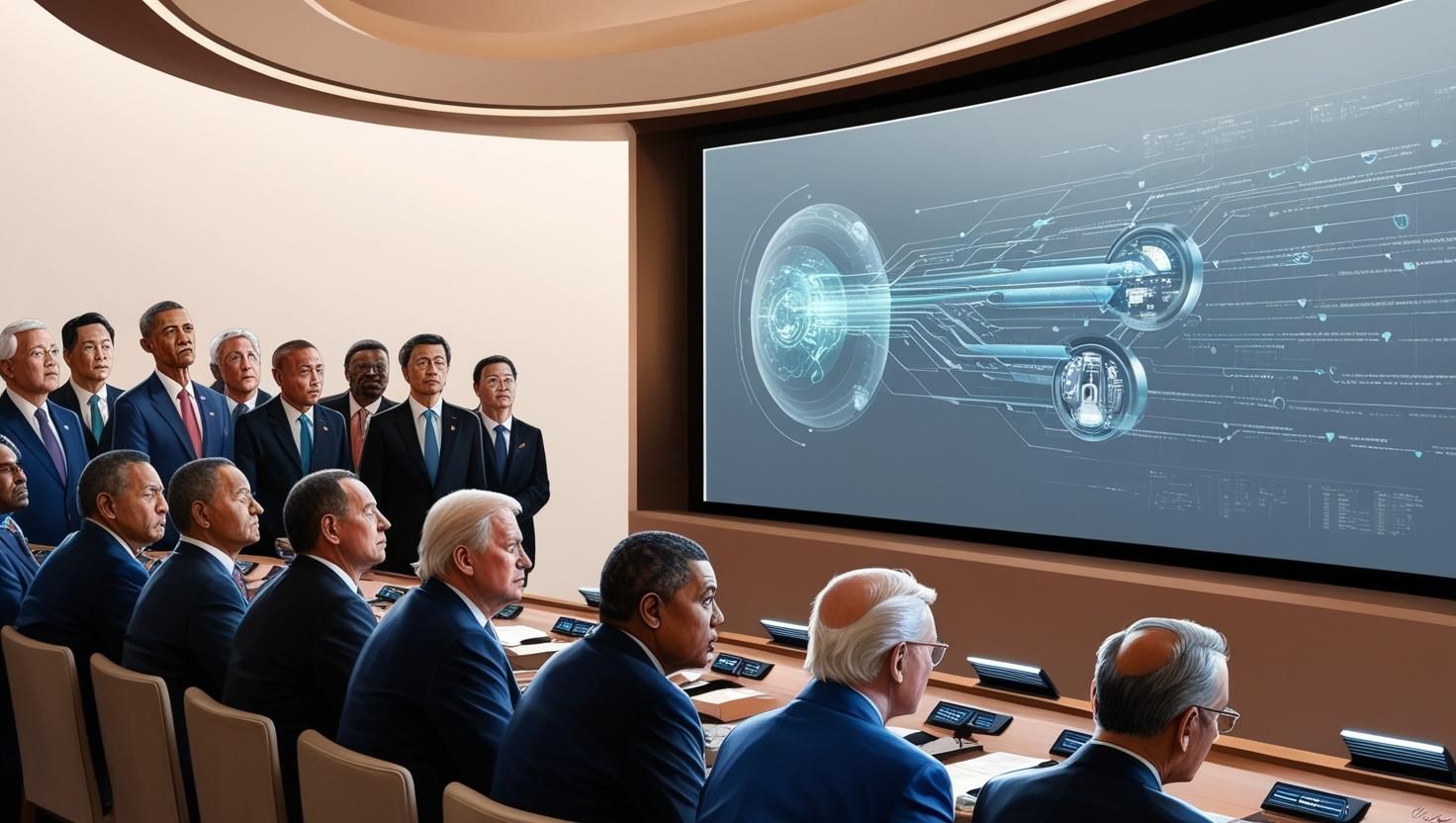A high-profile summit with world leaders watching an AI presentation on a large screen