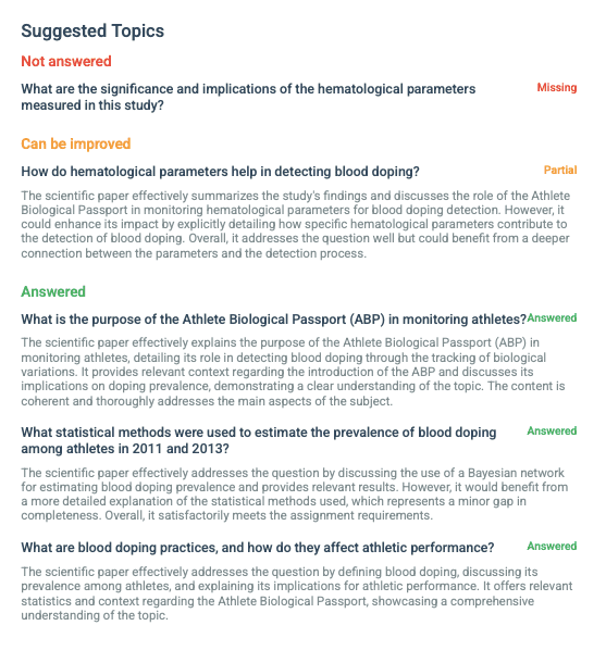 thesify suggested topics panel showing unanswered and partially answered analytical questions in a scientific paper