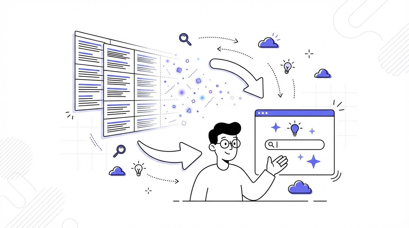 An illustration showing a grid of traditional blue search result hyperlinks fading and dissolving into digital particles, symbolizing the evolution and shift away from conventional search methods in a modern, tech-focused style.