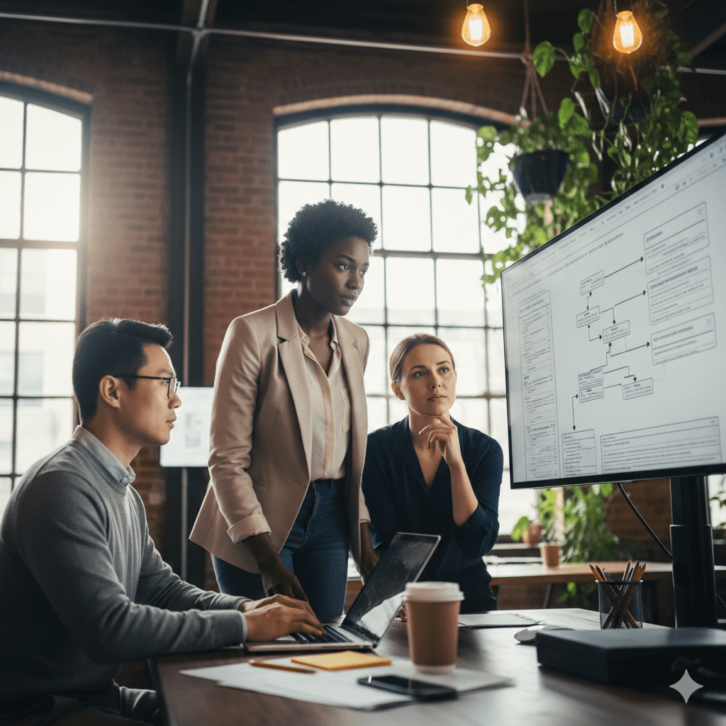 A diverse group of three people collaborate in a modern office with exposed brick walls, reviewing a flowchart on a large computer screen, embodying teamwork and innovation in a professional environment.
