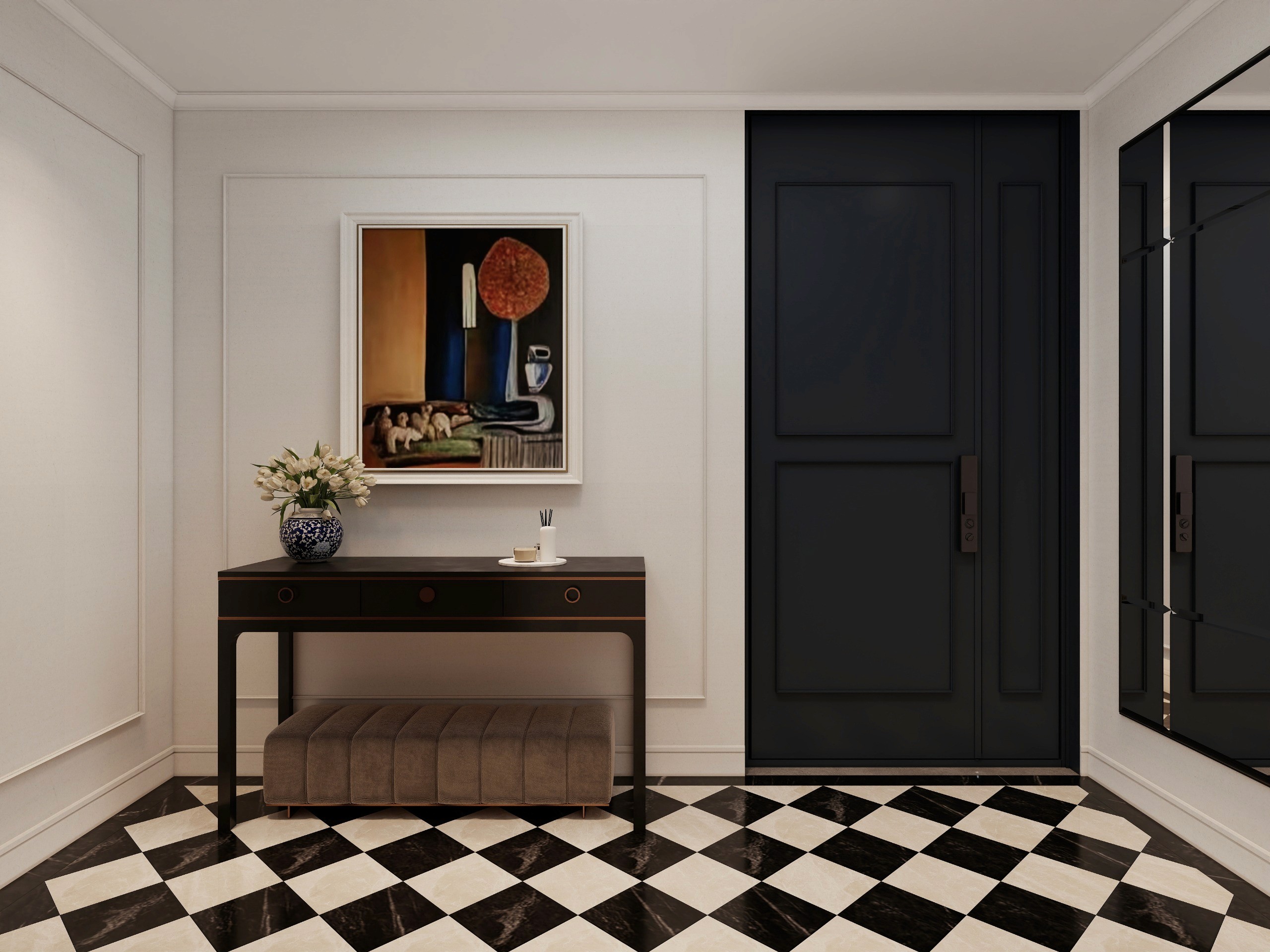 Chic foyer renovation in Mount Pavilia with classic black and white checkerboard marble flooring and a deep navy entrance door.
