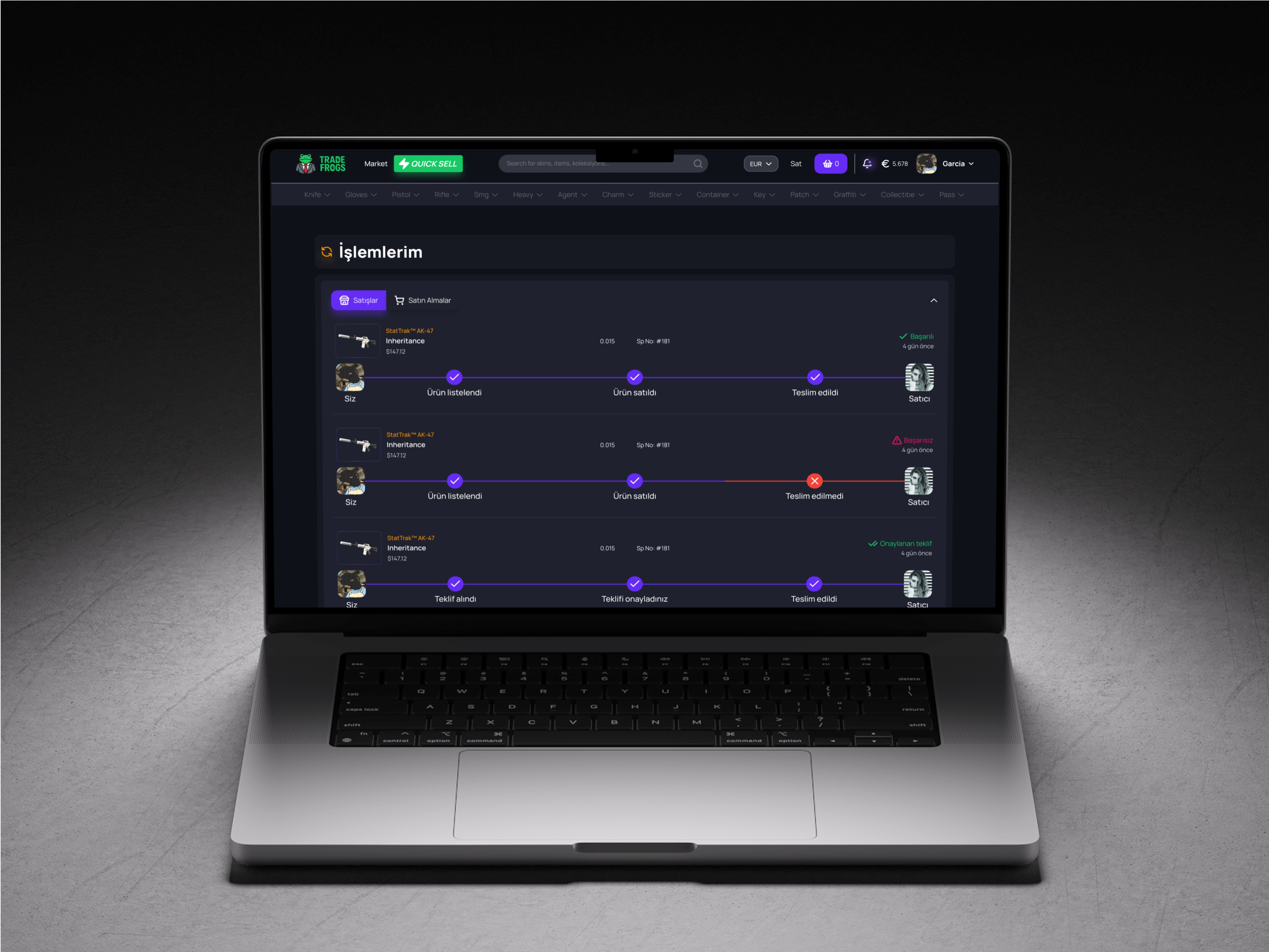 Laptop showing a marketplace transaction list with trade progress steps.