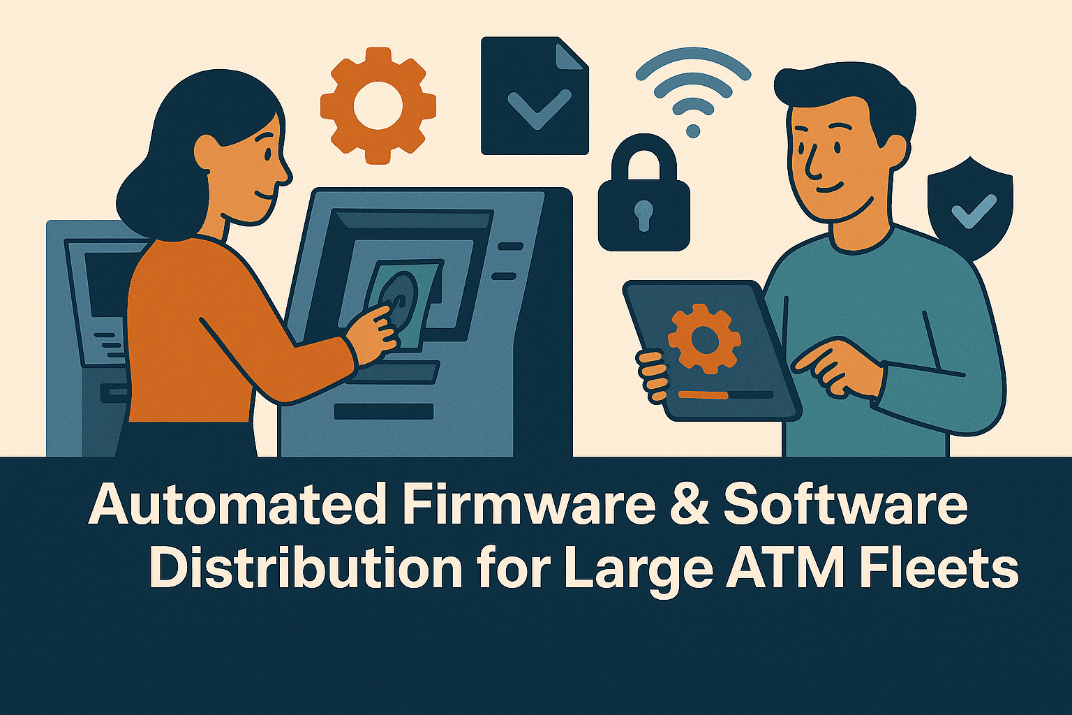 "Flat-style digital illustration showing a woman interacting with an ATM while a man on the right uses a tablet displaying a gear icon, symbolizing automated updates. Above them are icons for settings, file distribution, Wi-Fi, security, and verification. The background is light beige with orange, teal, and navy tones. A navy-blue bar at the bottom displays the blog title in bold white text: ‘Automated Firmware & Software Distribution for Large ATM Fleets.