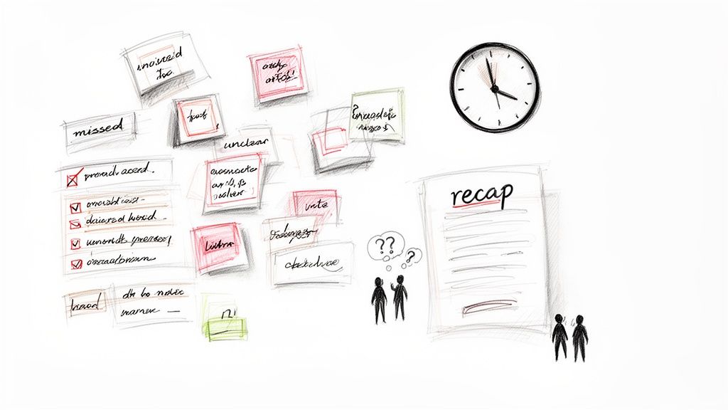 Hand-drawn illustration showing a meeting recap document with numerous handwritten notes, a checklist, and stick figures discussing.