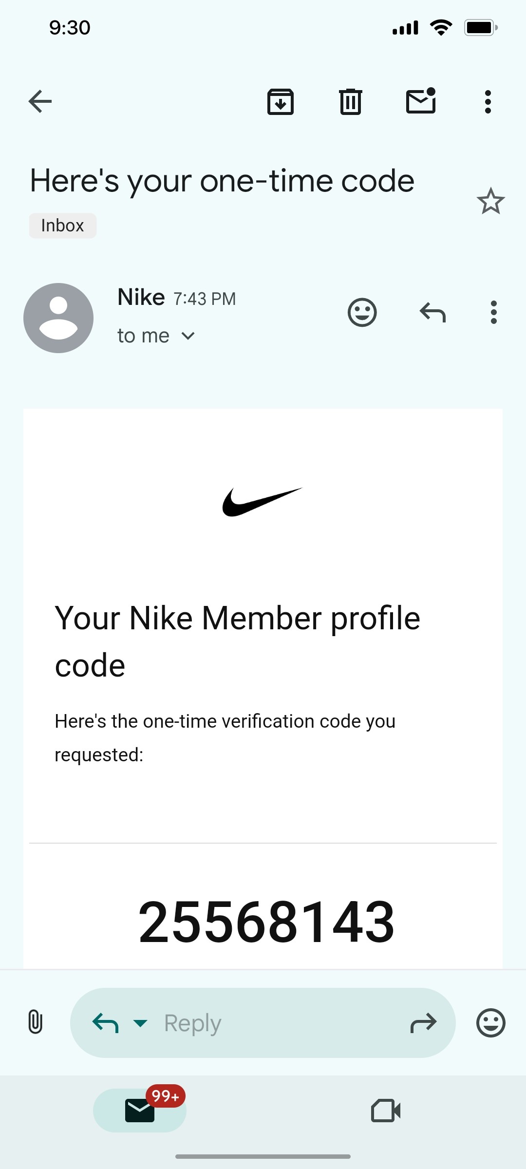 Nike App Code screen
