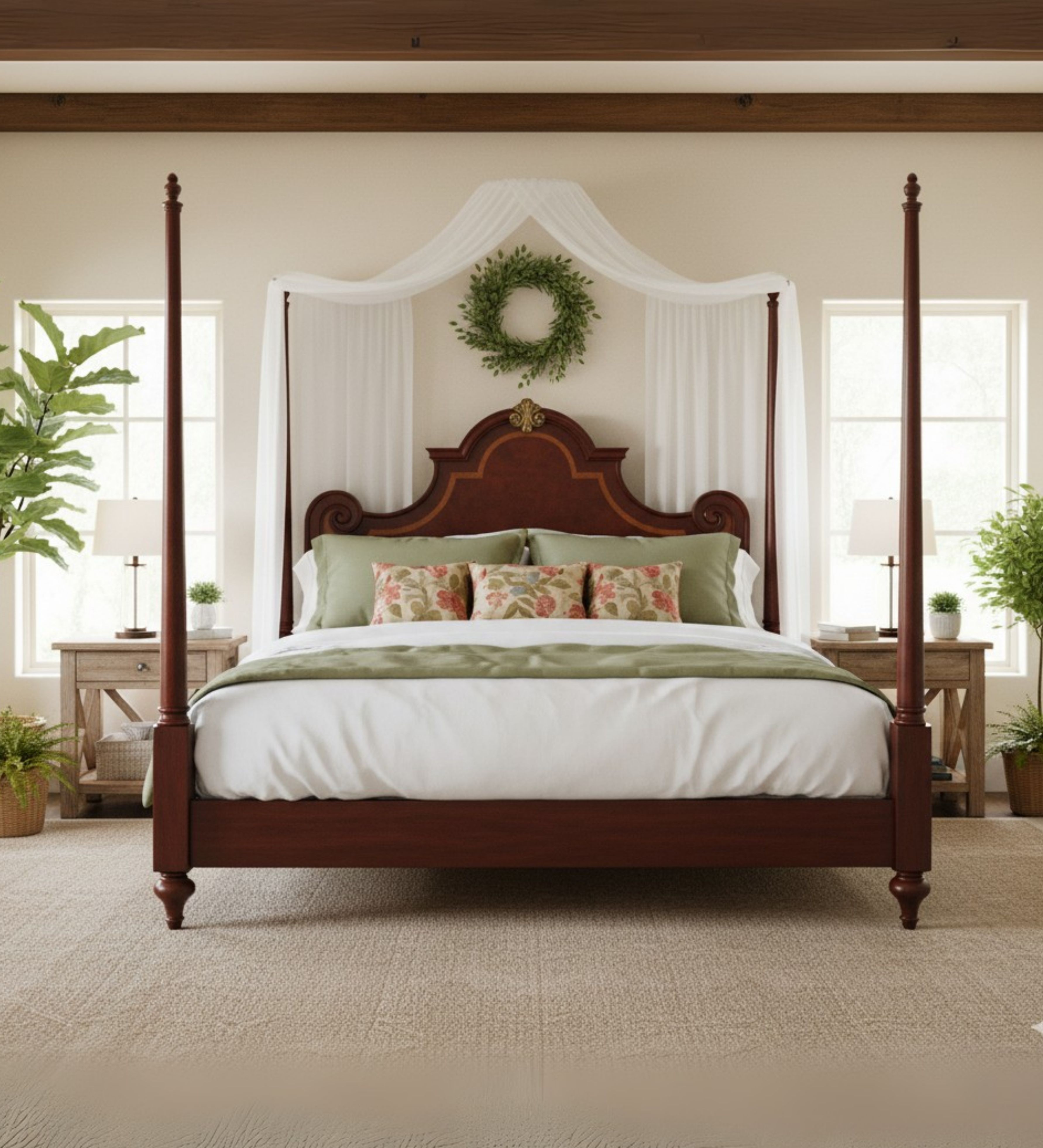 Classic wooden bed with shaped headboard and carved detailing