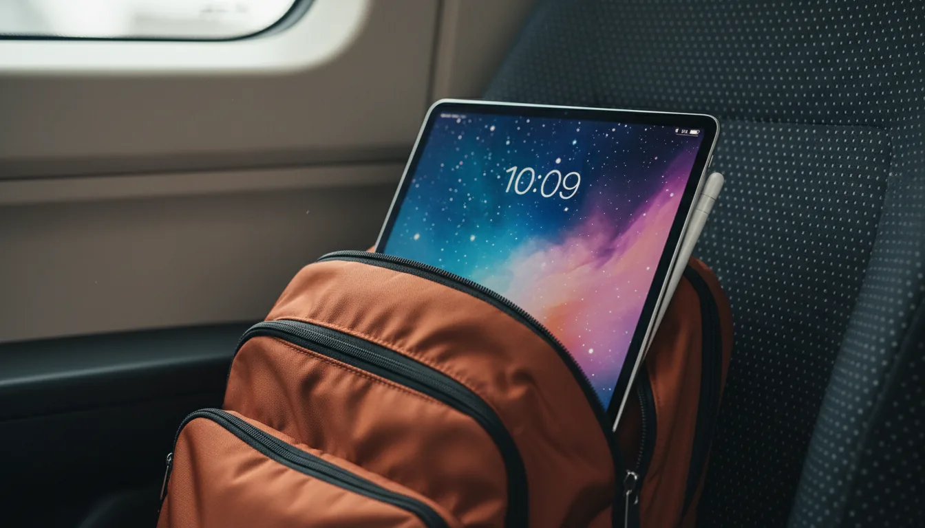 DSLR close-up photo of an Apple iPad with an Apple Pencil attached, peeking out from the open zipper of a rust-orange nylon backpack. The iPad's screen is lit up, displaying its lock screen with a large white digital clock and a colorful starry nebula wallpaper. The backpack rests against a dark gray seat with a subtle white dot pattern texture. In the background, the smooth, off-white plastic interior of a vehicle is visible. The scene is illuminated by soft, natural daylight, with a shallow depth of field that keeps the iPad and backpack in sharp focus.