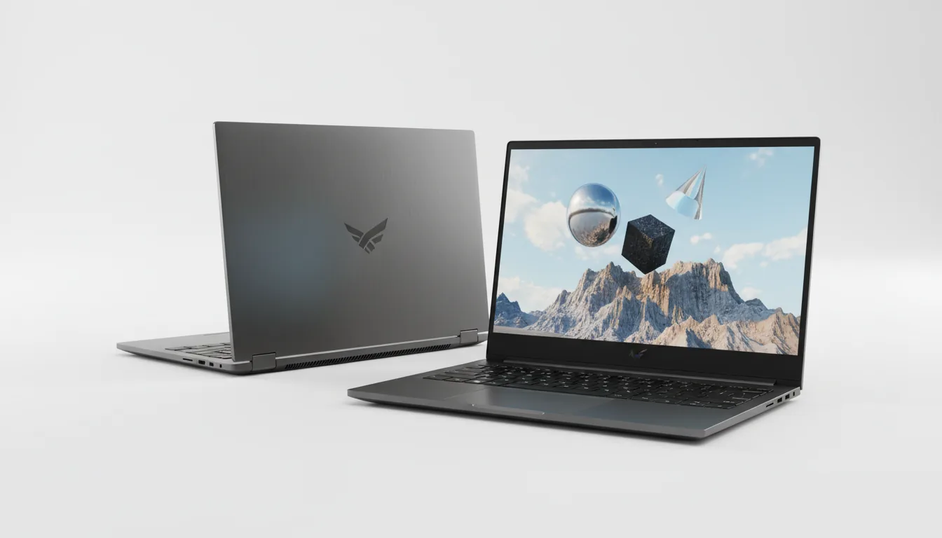 DSLR product photography of two sleek, high-performance AERO laptops with a matte dark gray metallic finish, set against a seamless white studio background. The scene is illuminated by soft studio lighting, creating gentle shadows. One laptop is open, angled towards the viewer, its screen displaying a complex 3D render from Blender software: reflective geometric shapes including a sphere, cube, and cone float above a detailed rocky mountain terrain under a light blue sky. The second laptop is placed behind it, partially closed, showing the back of the lid with a modern logo. The focus is sharp, highlighting the premium textures of the hardware.