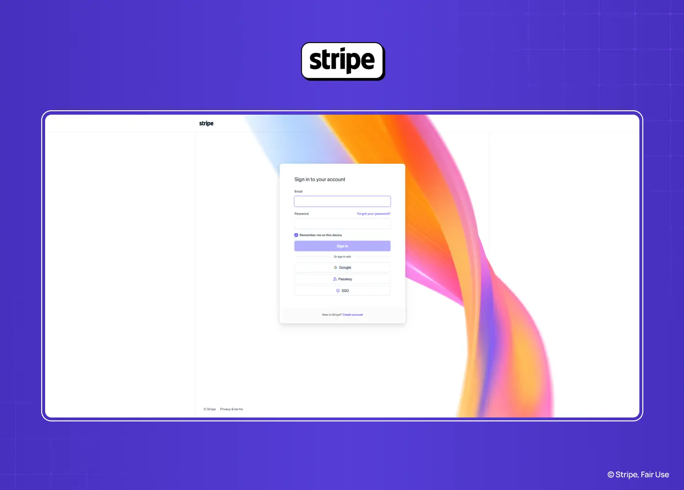 Stripe sign-in page featuring email and password authentication, social login options, and a vibrant branded background.