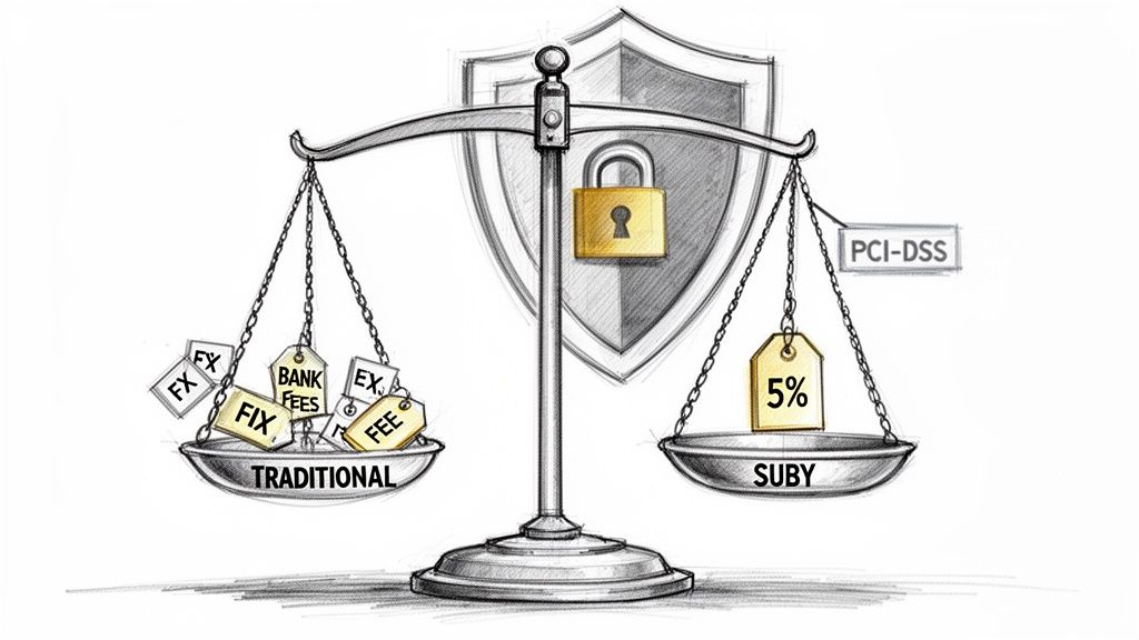 Balance scale comparing numerous traditional payment fees against Suby's simpler flat per-category pricing, with security.