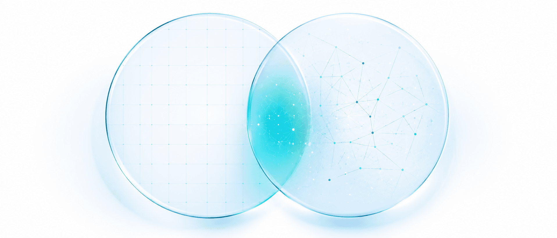 Two overlapping translucent circles merging on a light background — one representing traditional search, one representing AI discovery — illustrating the blended search landscape of 2026.