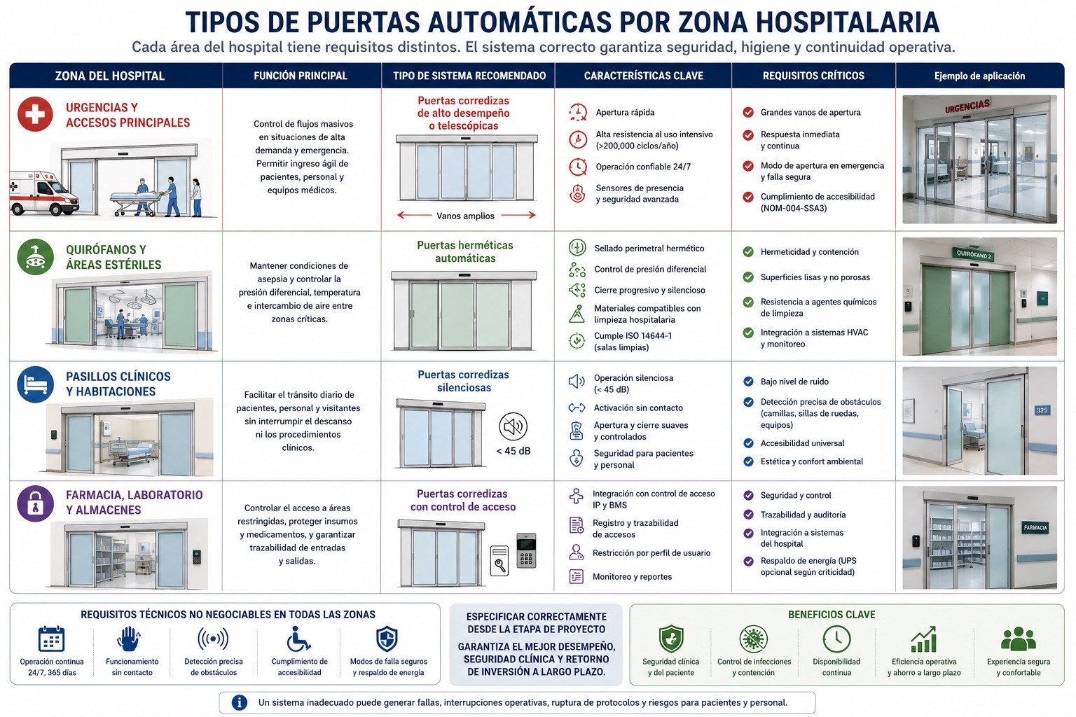 Diagrama de tipos de puertas automáticas por zona hospitalaria