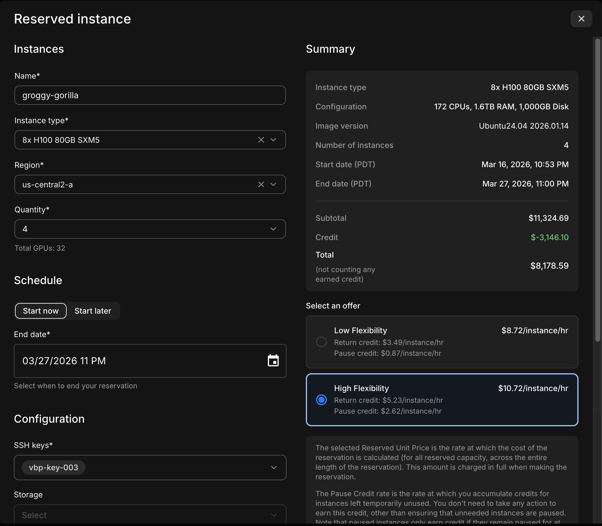 A screenshot of the reservation request submission form in the Mithril console