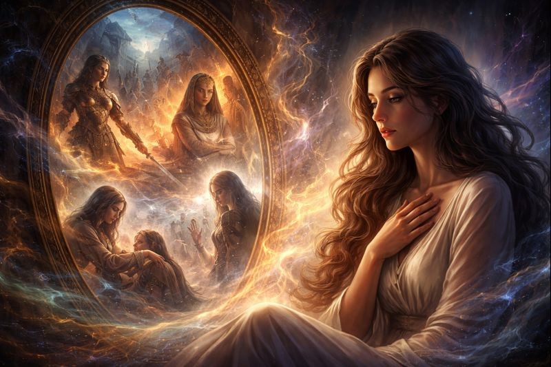 A woman gazing into a mystical golden mirror revealing multiple past life incarnations, including a warrior and an ancient healer, surrounded by ethereal cosmic energy and spiritual auras.