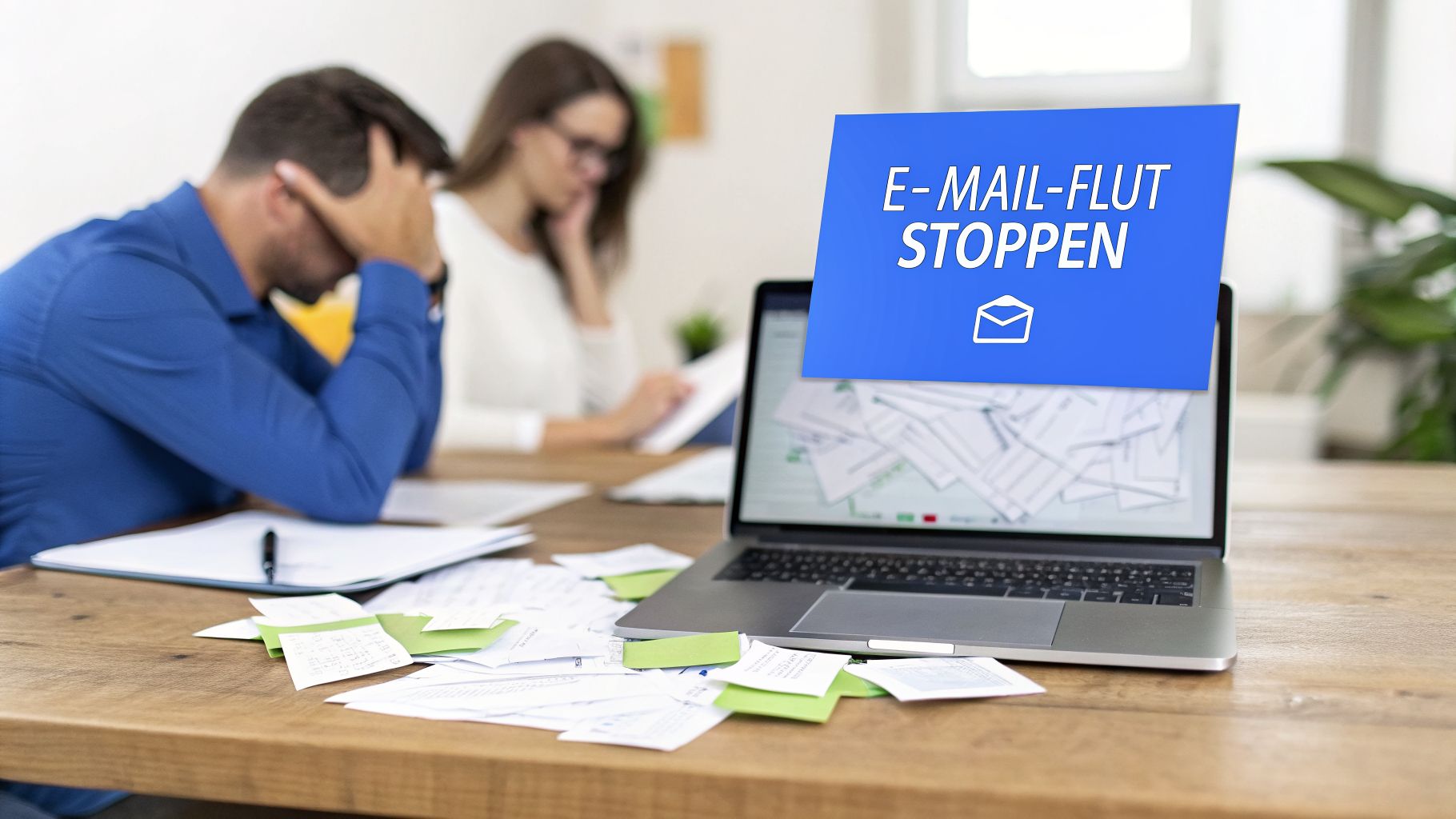 Mann am Schreibtisch, überwältigt von E-Mails, mit Laptop und der Aufschrift 'E-MAIL-FLUT STOPPEN'.