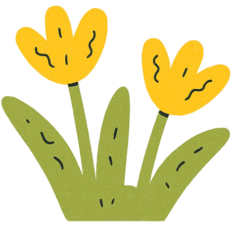Two yellow flowers with green leaves, set against a simple background.