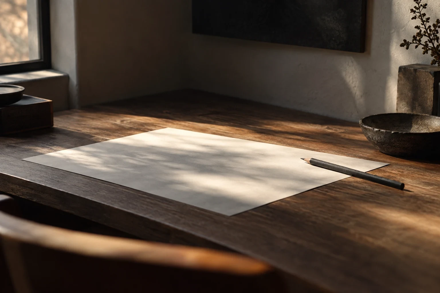 A mostly empty minimal studio desk in soft morning light, one graphite pencil and carefully placed blank paper sheet