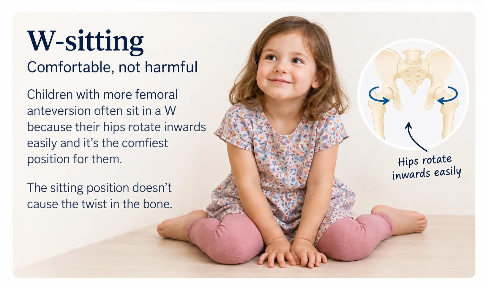 Illustration of a child W-sitting with knees bent and feet beside the hips, explaining that inward hip rotation often makes this position comfortable.