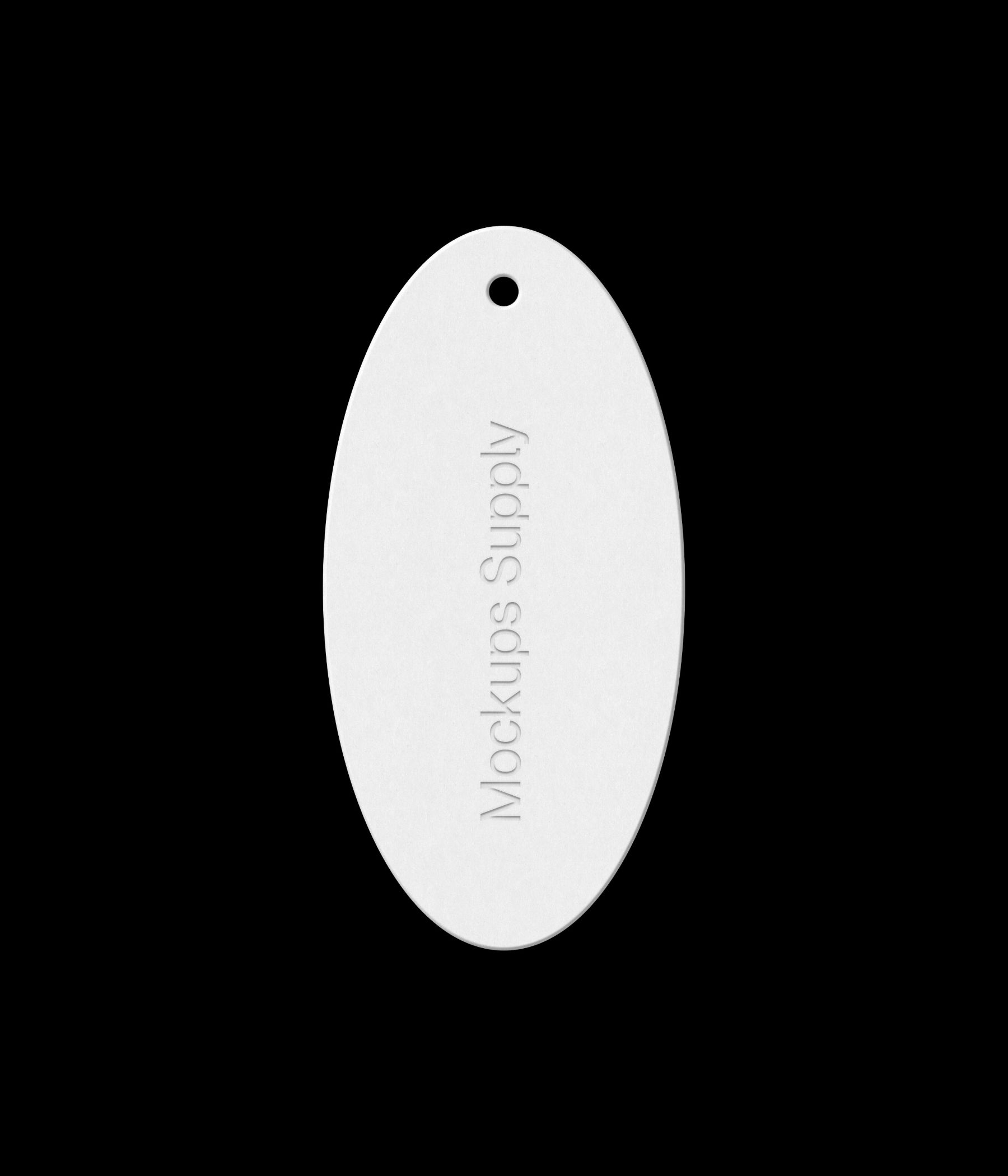 Oval white hang tag on black background with debossed text effect photoshop mockup PSD template download