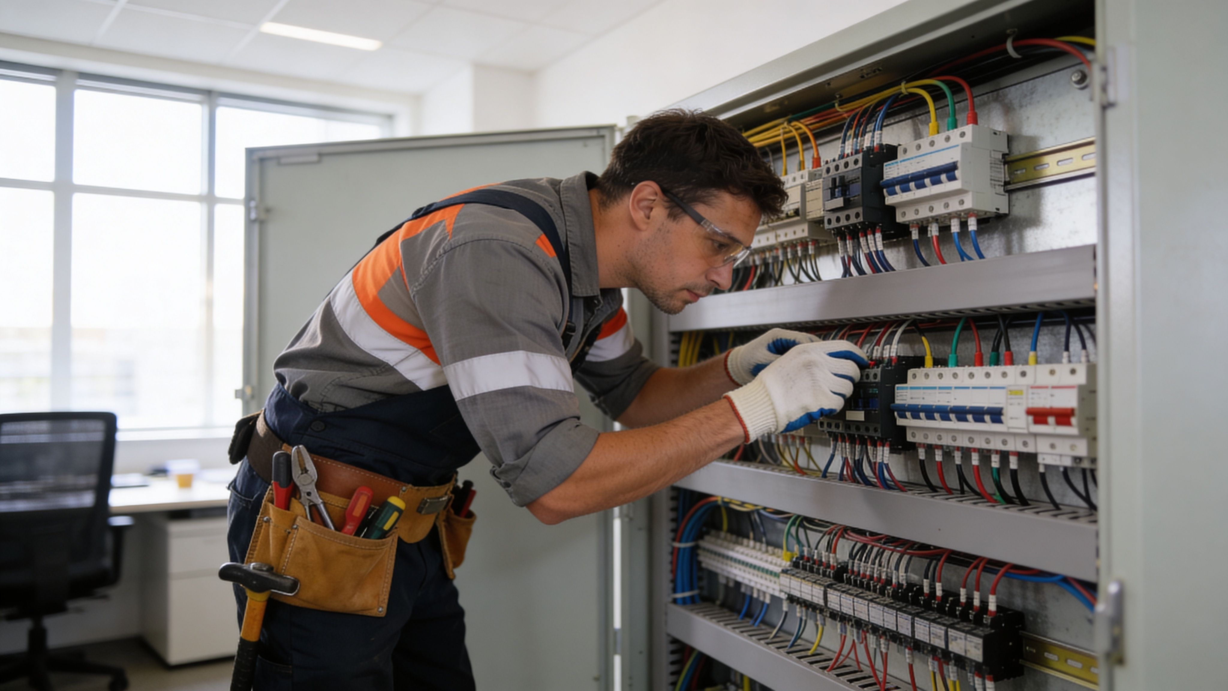 Commercial electrician in safety gear servicing large industrial circuit breaker panel