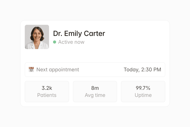 Dr. Emily Carter's profile: Active now, next appt Today 2:30 PM. 3.2k patients, 8m avg time, 99.7% uptime.