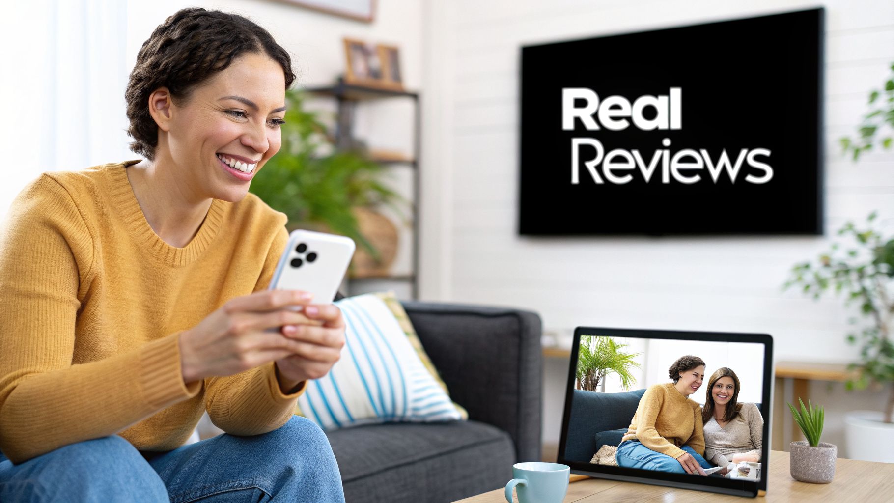 A smiling woman on a couch uses her phone while a TV displays 