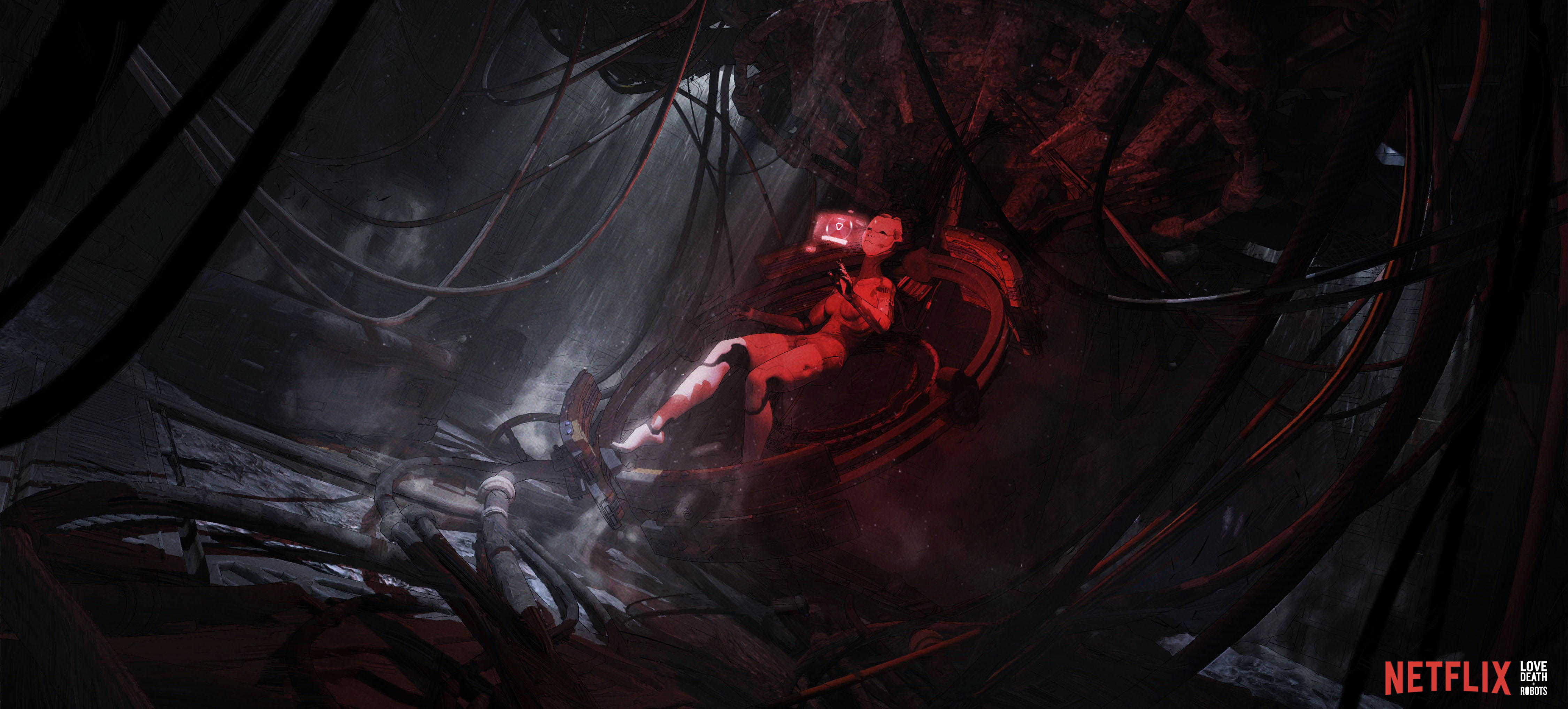 Android figure bathed in red light, overhead view inside circular chamber