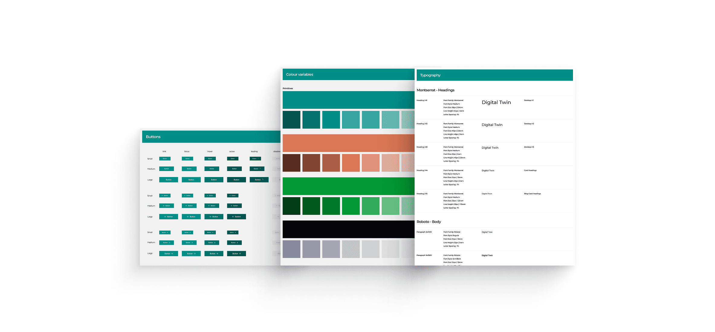 The UrbanEcho design system, showcasing foundational UI components like buttons, a color palette, and type scale.