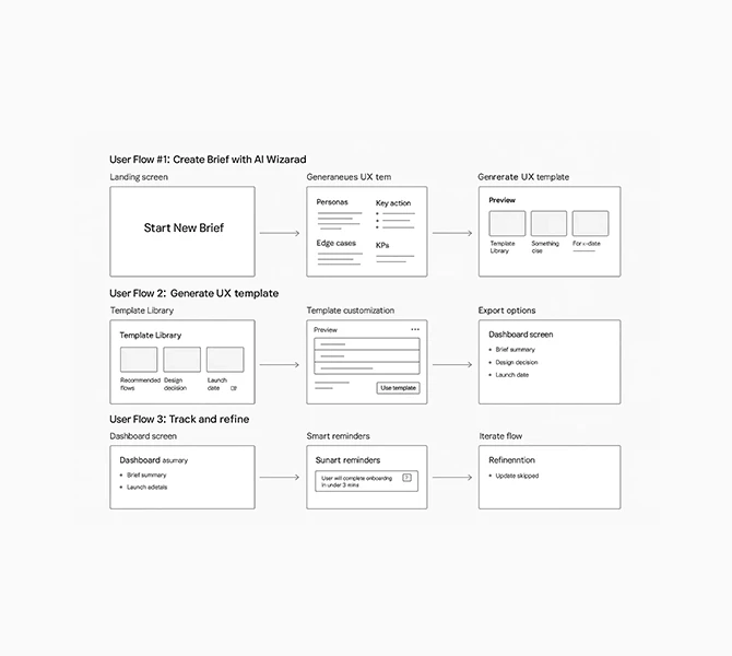 Wireframes visualizing the core flow of the BrieflyUX AI Research Copilot. The diagram maps the unified workflow, showing the process from creating a brief with an AI wizard to generating UX templates and tracking insights on the dashboard.