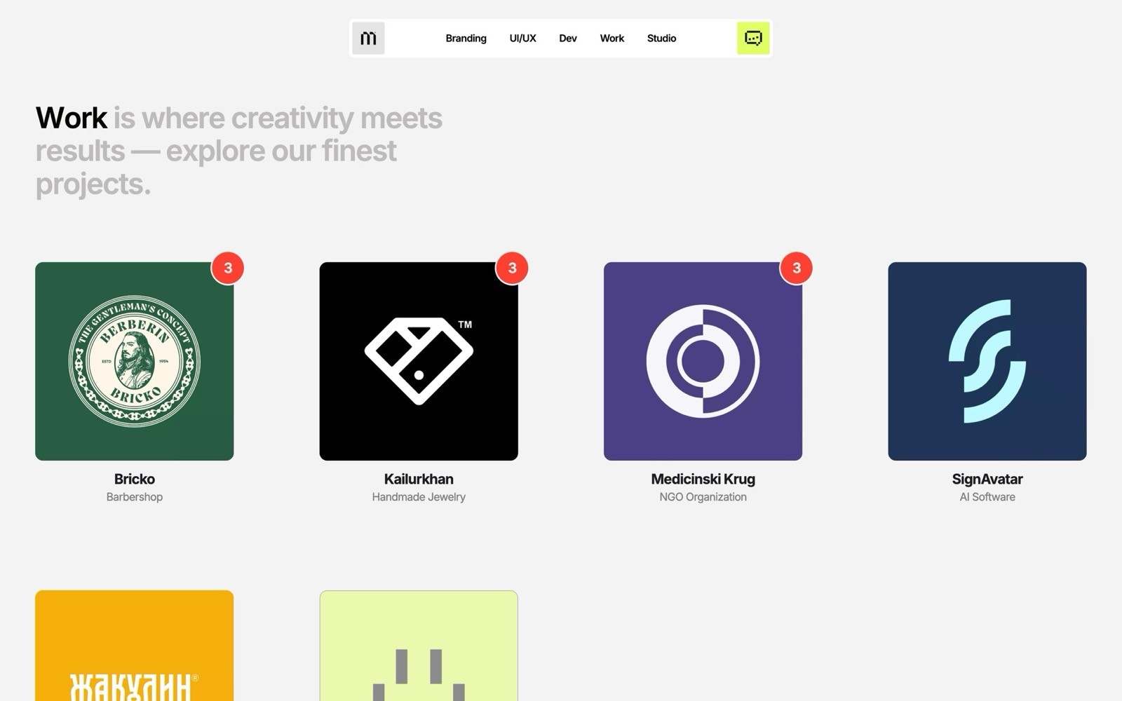 A grid layout showcases four featured projects with logos and titles, including Bricko Barbershop, Kalkurkhan Handmade Jewelry, Medicinski Krug NGO Organization, and SignAvatar AI Software, each marked with a red notification icon indicating recent updates.