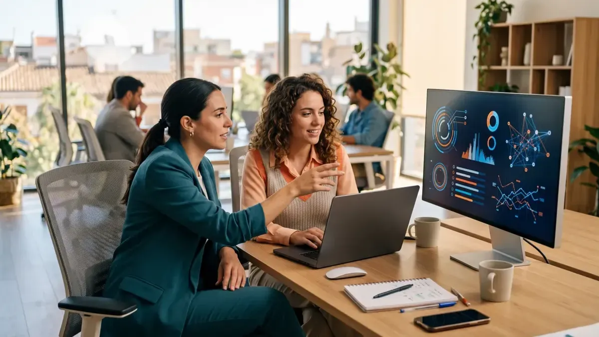 Dos profesionales analizan gráficos de datos en un monitor y un portátil en una oficina luminosa