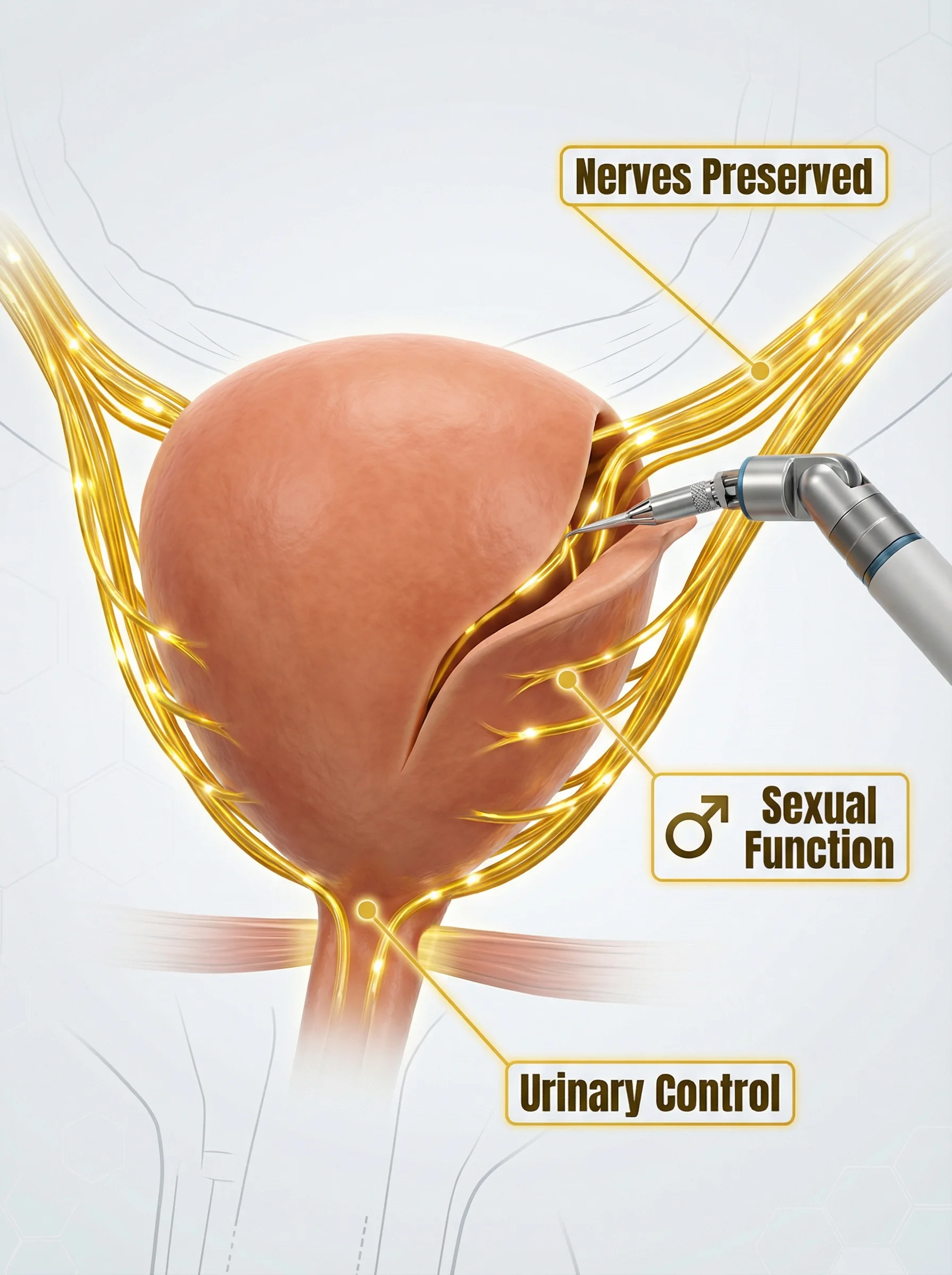 3D prostate render: robotic instrument अभी हटा रहा है tissue से glowing amber neurovascular bundle nerves, ताकि function preserve रह सके।