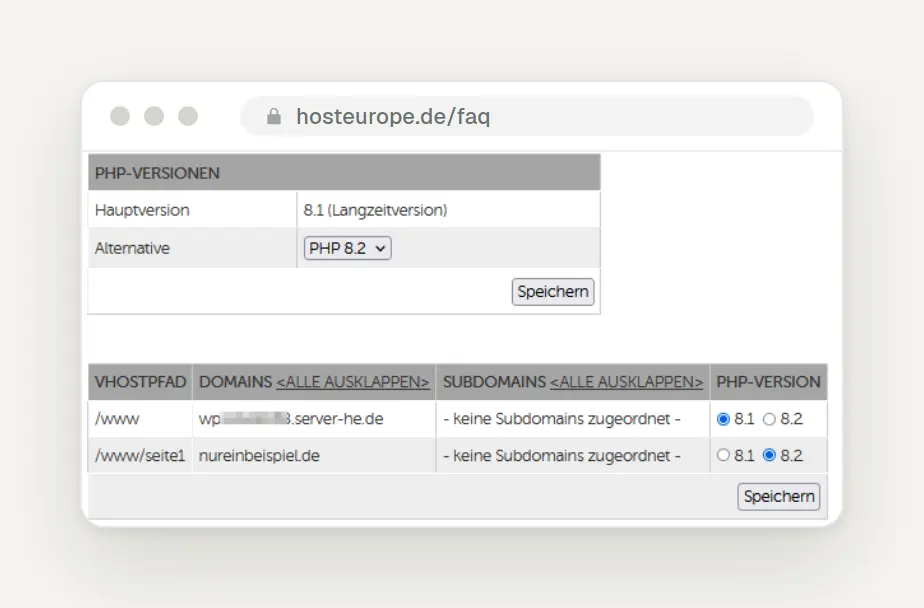 Host Europe KIS: Select and Save PHP Versions per Domain Directory, Help Image Showing PHP 8.1 and 8.2