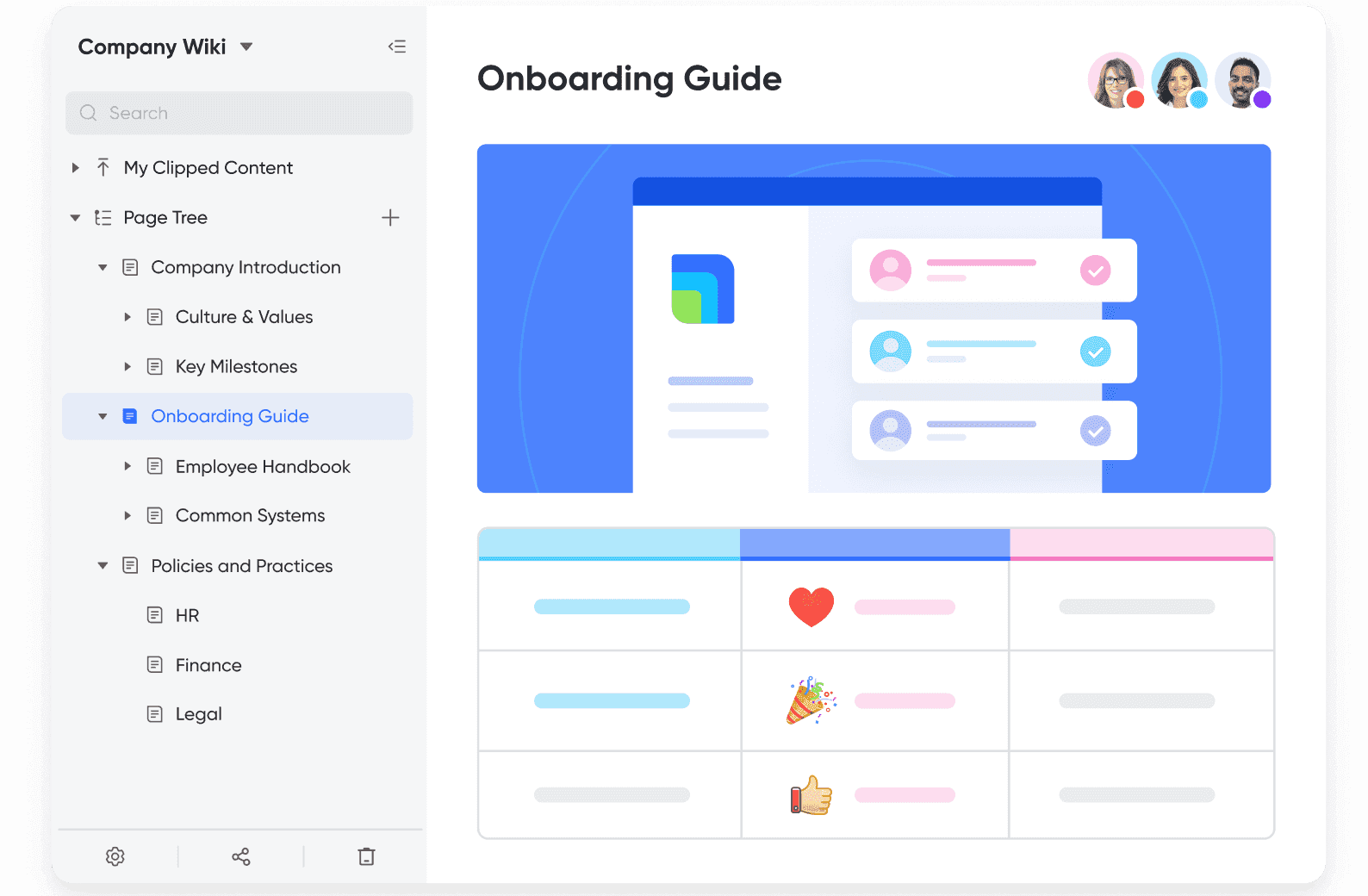 Interface of Wiki, a company knowledge base software