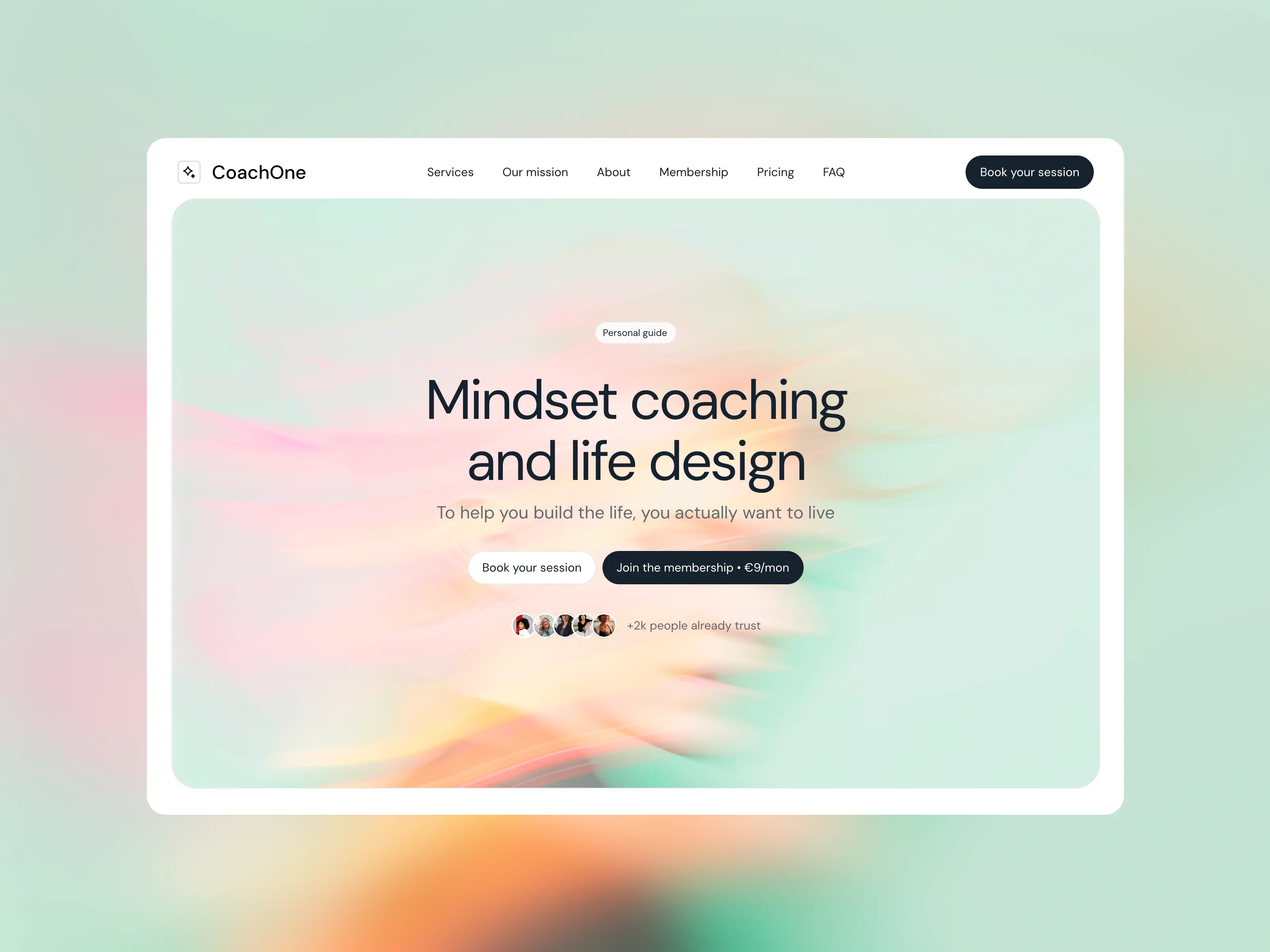 Preview of the CoachOne Framer template homepage for a mindset coaching and personal development business.