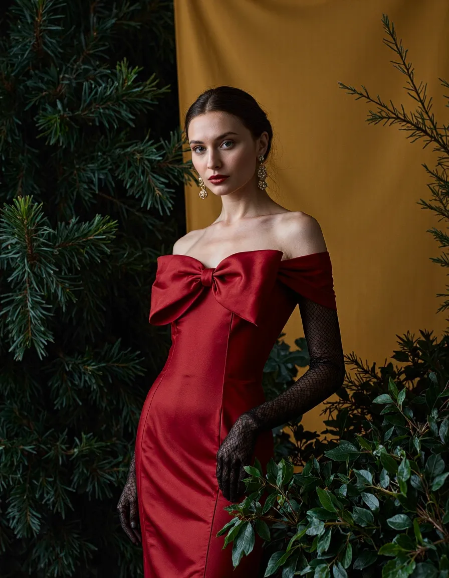 Woman in red off-shoulder gown with bow detail and gold earrings against botanical backdrop in elegant studio setting