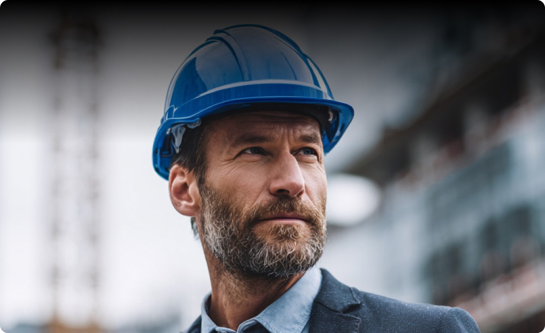A close-up portrait of a man with a graying beard and blue eyes, wearing a blue hard hat and a dark blazer over a light blue shirt, looking off-camera with a serious expression against a blurred construction site background.