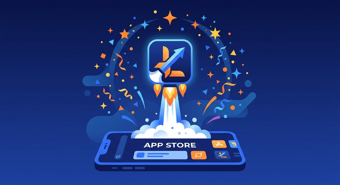 Mobile app icon launching like a rocket from an app store with confetti and stars