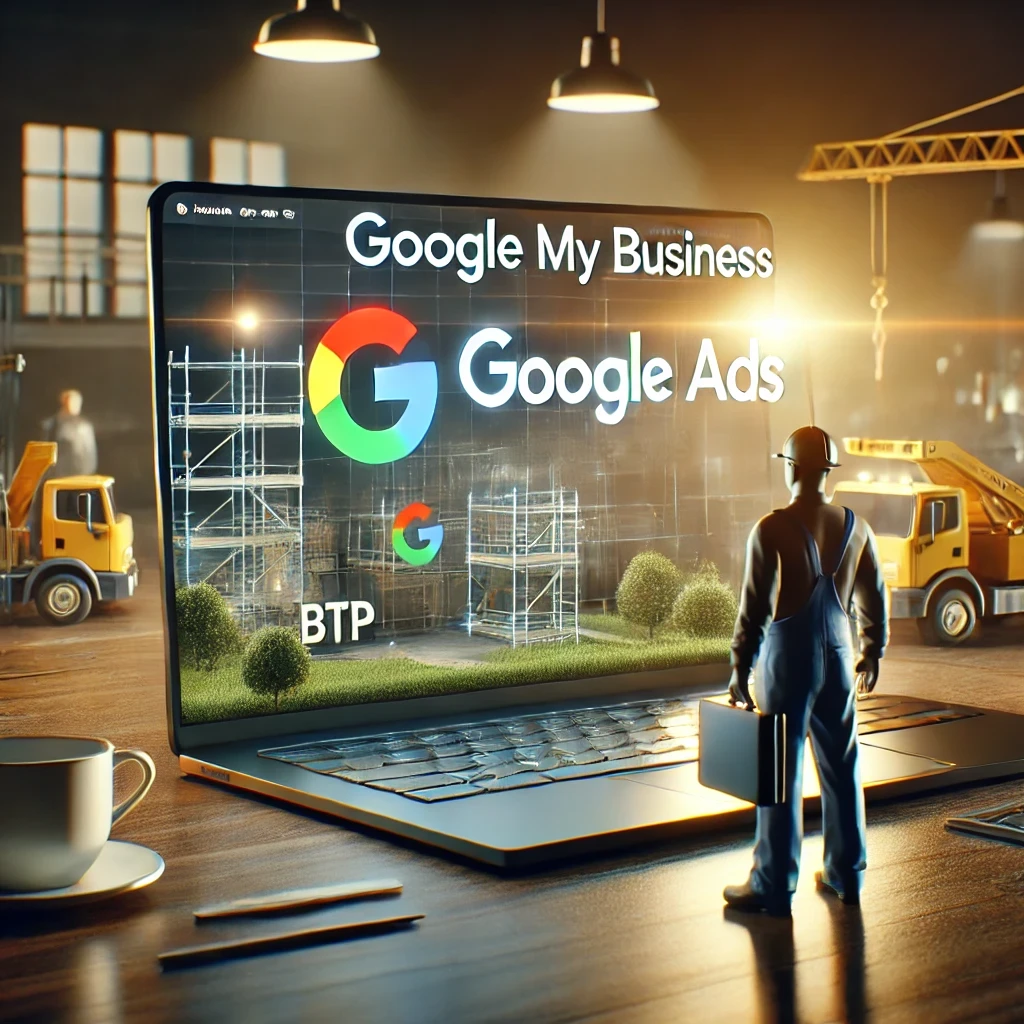 Capture d'écran montrant l'utilisation de Google My Business et Google Ads pour une entreprise BTP, visant à attirer des clients locaux.