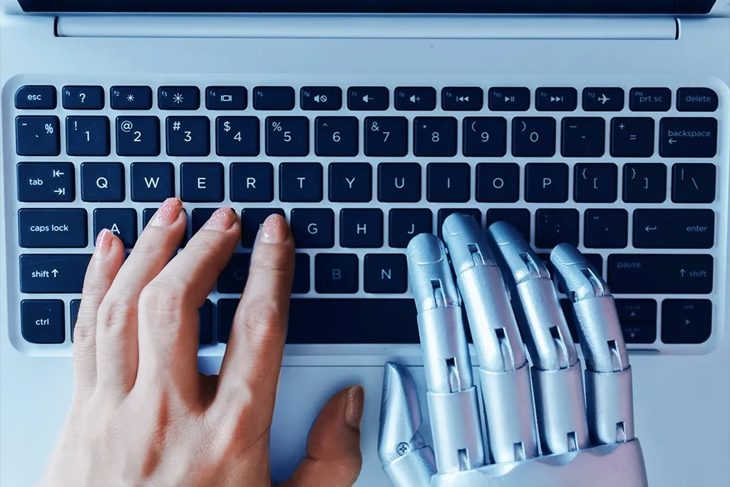 "Robot hand interacting with a digital screen, symbolizing AI-driven automation and advanced technology in content creation and storytelling.