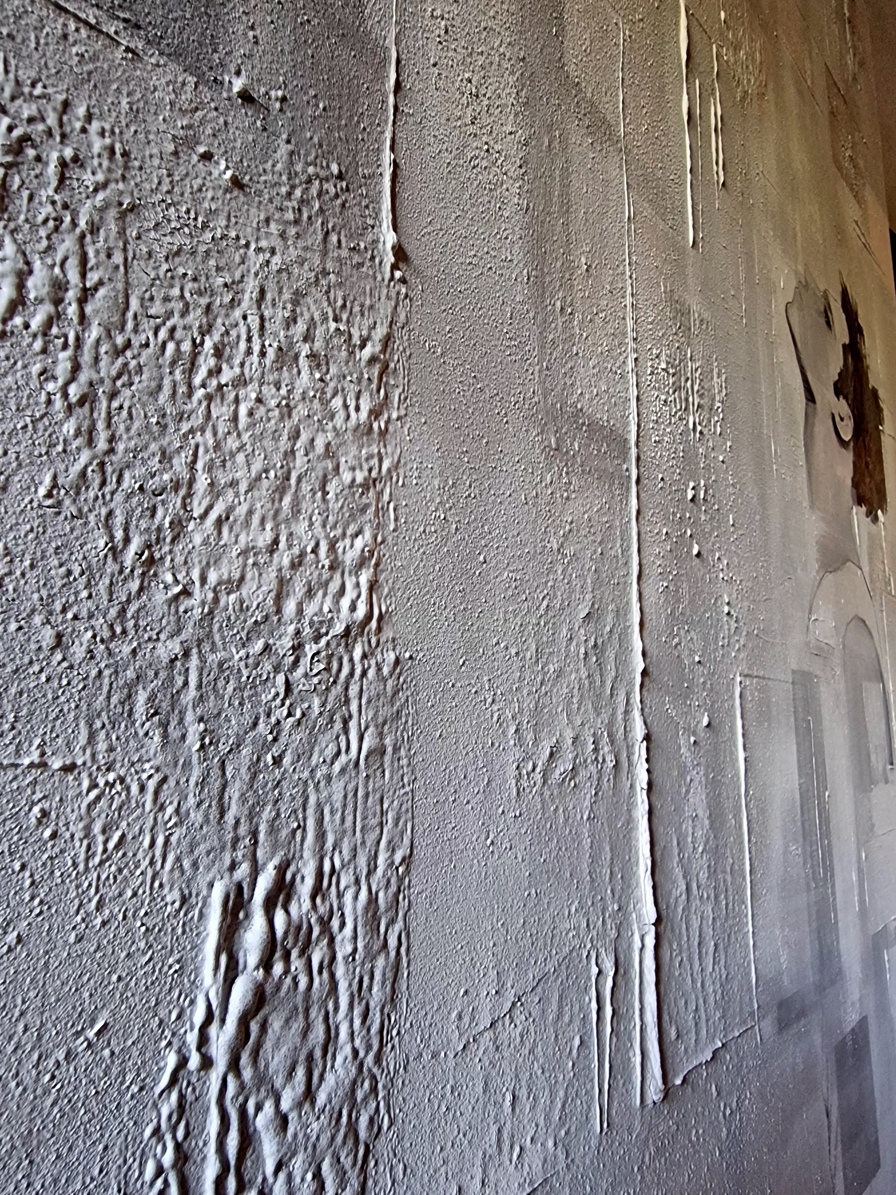 Abstract figurative artwork with geometric lines and textured surface, male silhouette exploring spatial tension and identity