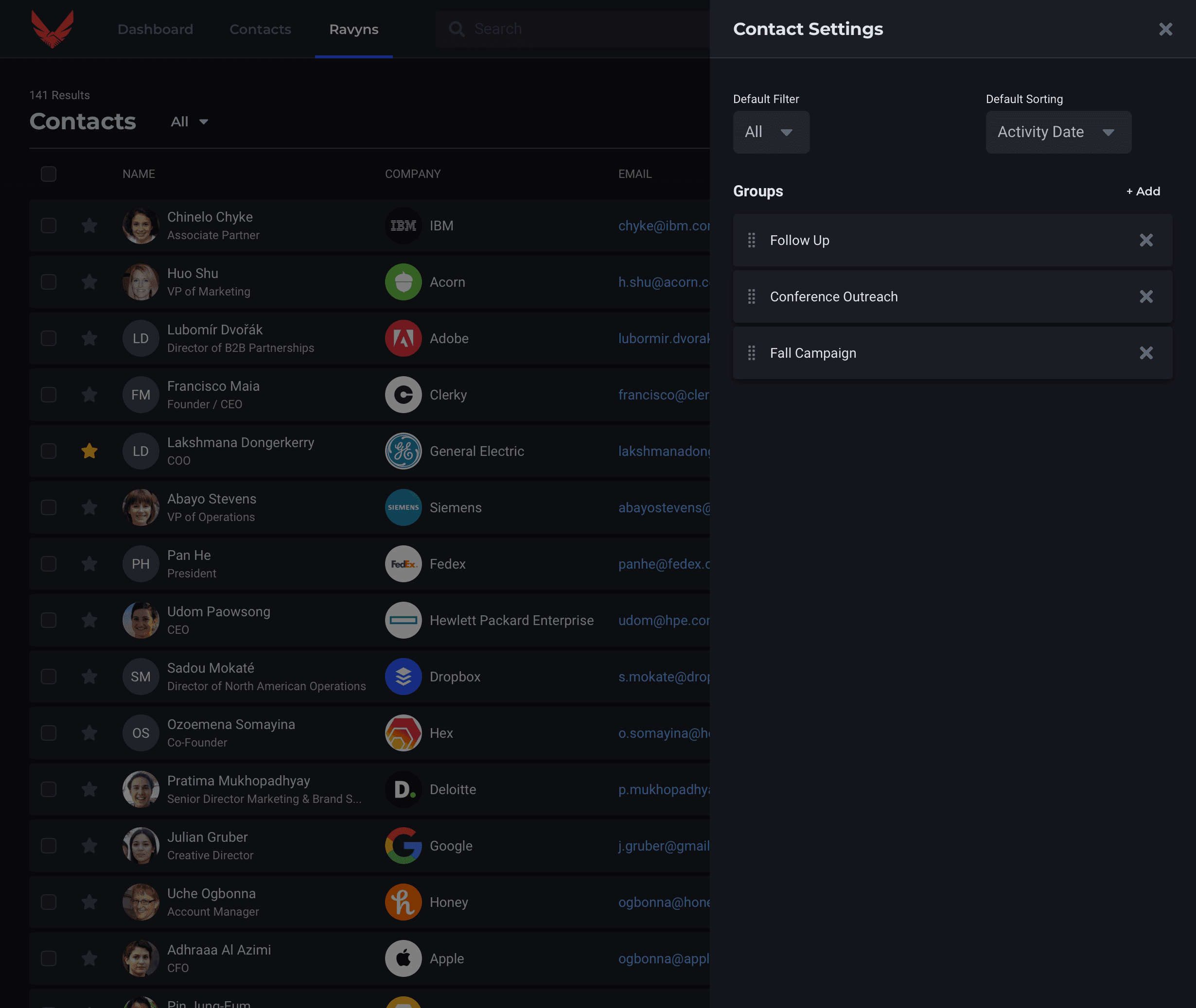 Ravyn contacts settings drawer