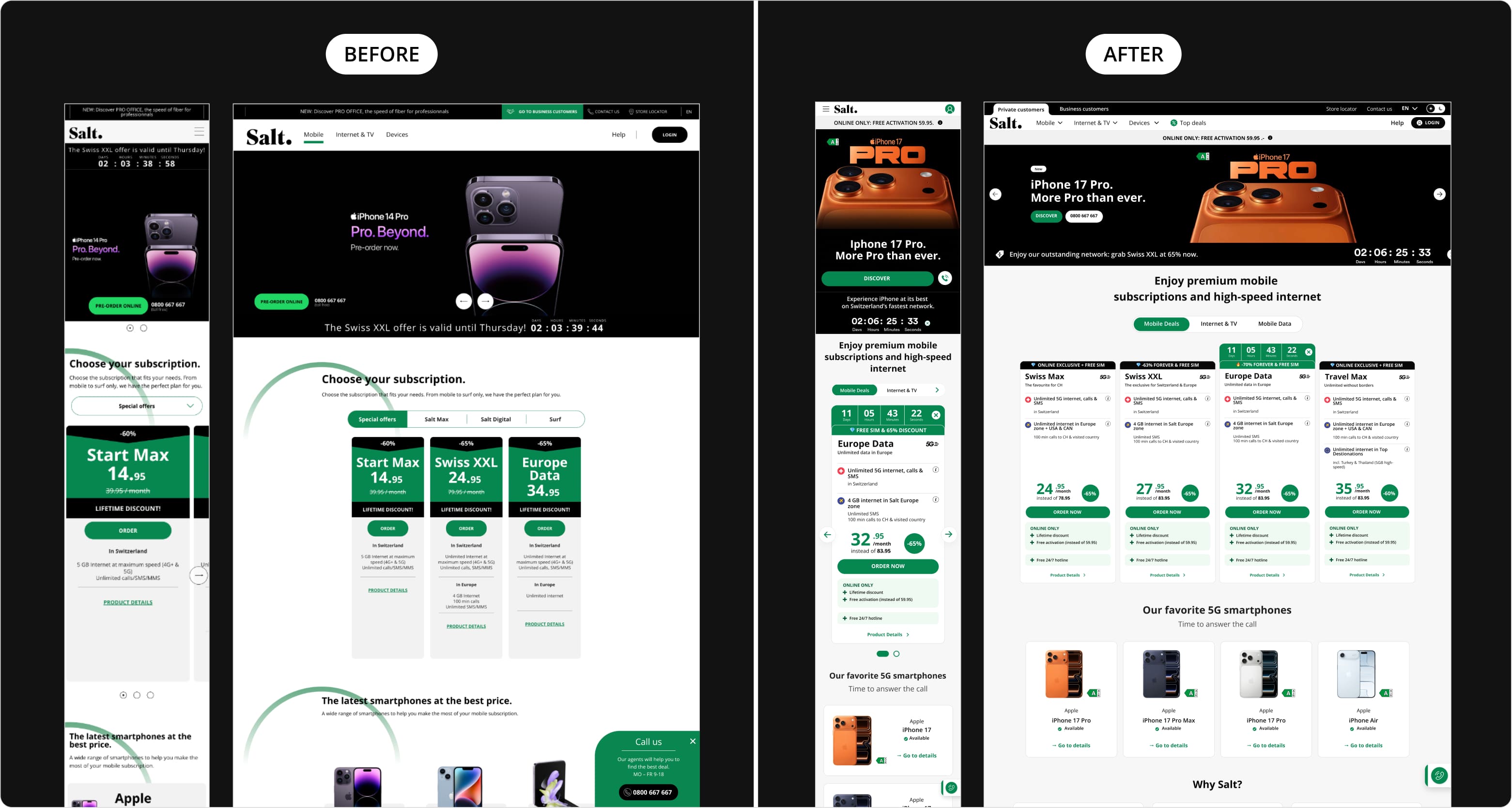 Before and after comparison of Salt Mobile’s e-commerce platform redesign, showcasing improved plan comparison, clearer hierarchy, and enhanced product experience across desktop and mobile.