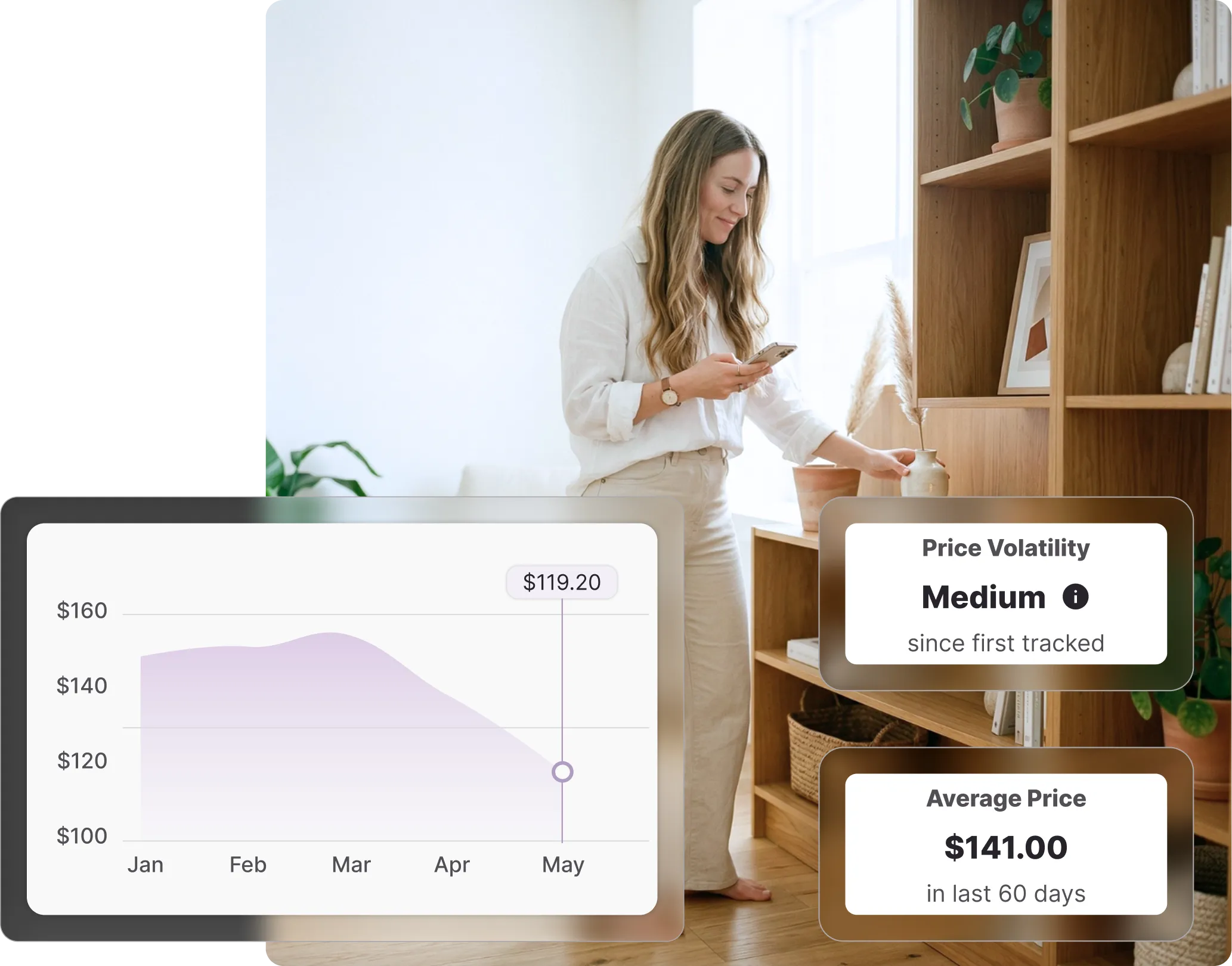 Woman in a bright Temple & Webster-style living room checking her phone, with open shelving, a white sofa, and indoor plants in the background, and a Whisprice price history chart overlaid on the left.