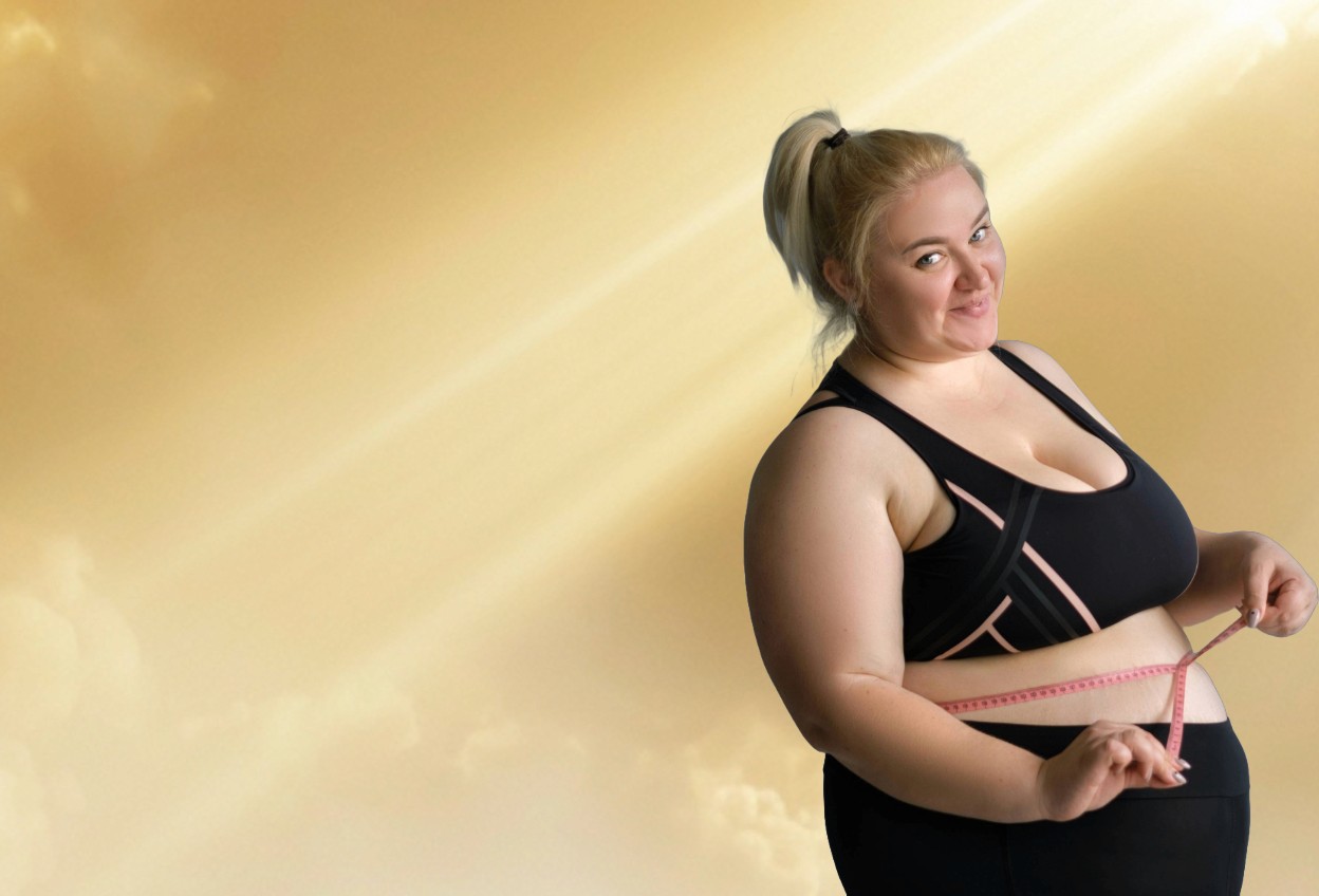 Overweight woman with measuring tape, symbolizing obesity surgery